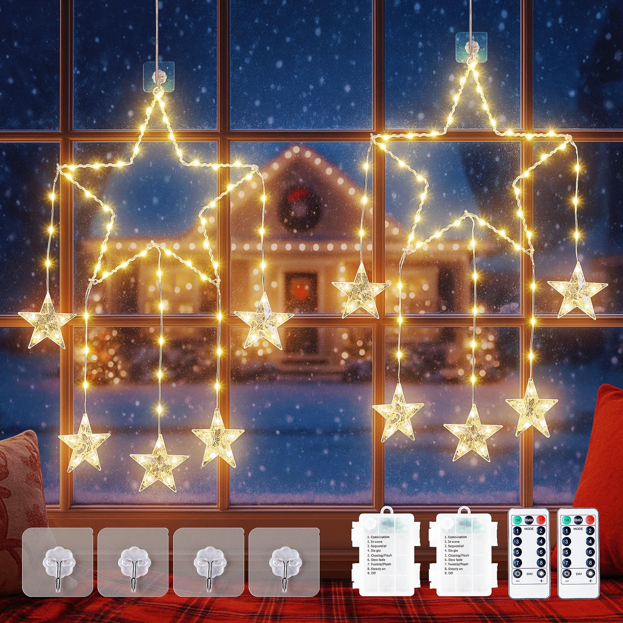 LED Christmas Window Lights,Hopolon 2Pack Hanging Star Lights,73 LED Christmas Star Light Xmas Light Twinkle for 8 Modes with Timer Memory for Indoor