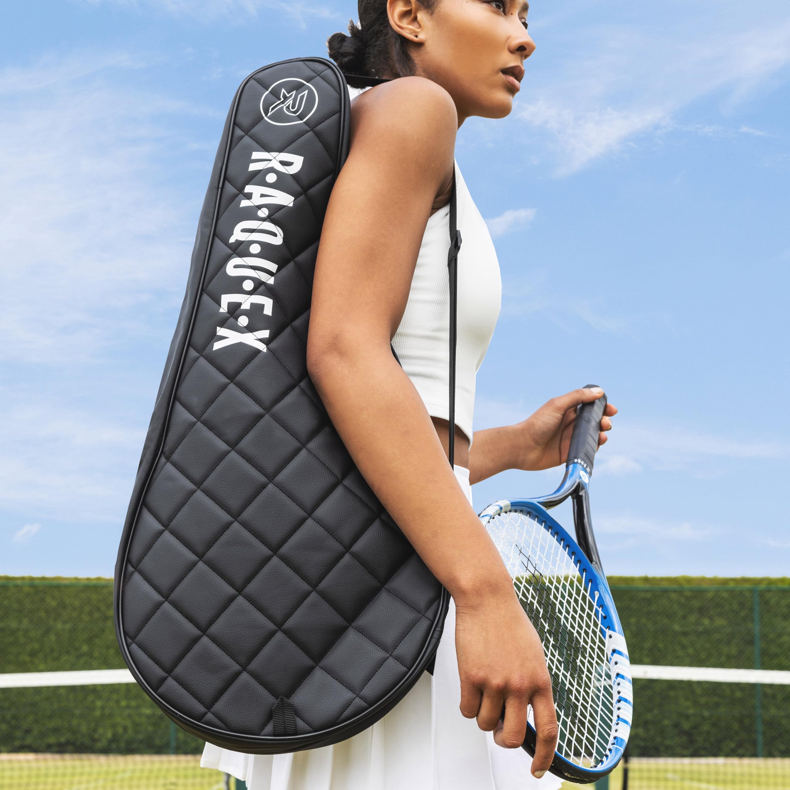 Raquex Elite Housse de protection pour raquette de tennis 2 – Sac avec poignée de transport et bandoulière – Housse matelassée en similicuir rembourré pour raquette de tennis – Noir – Cadeau de sport