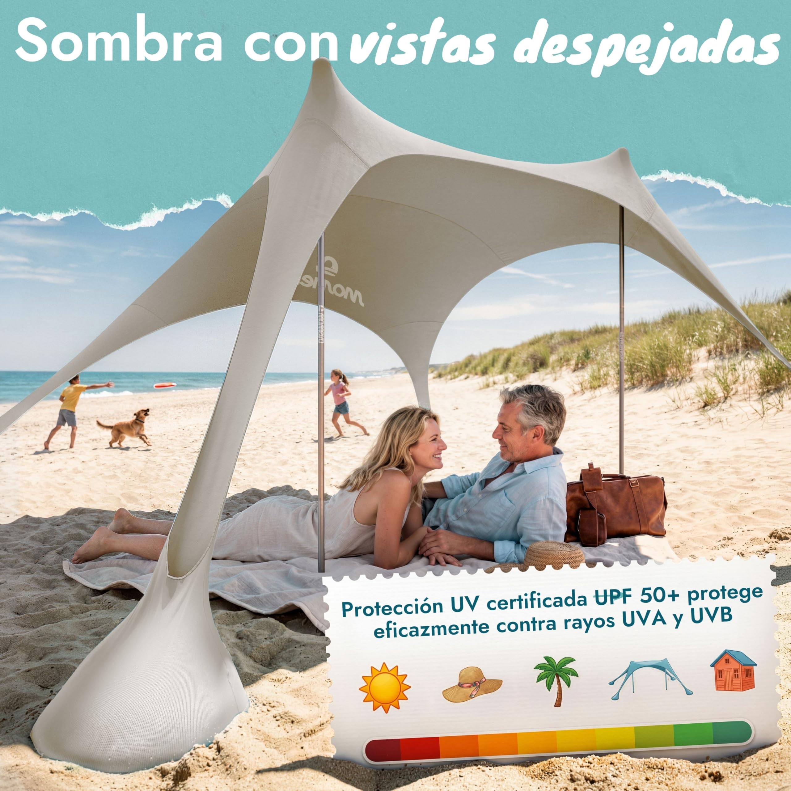 Tienda de Playa con toldo Solar – Refugio de Playa con protección UV UPF 50+, Resistente al Viento y Ligera, Tienda de Playa de Nueva generación (2 Barras, Arena)