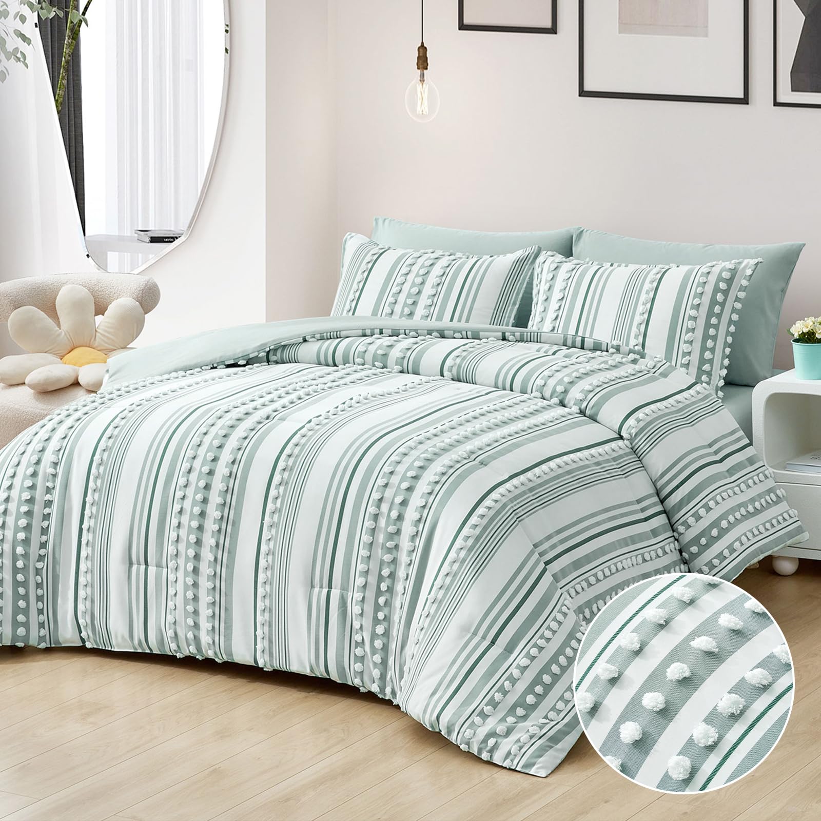 Queen Comforter Set 7-Piece Bed In A Bag – Blue Vertical Striped Boho Farmhouse Bedding, Microfiber