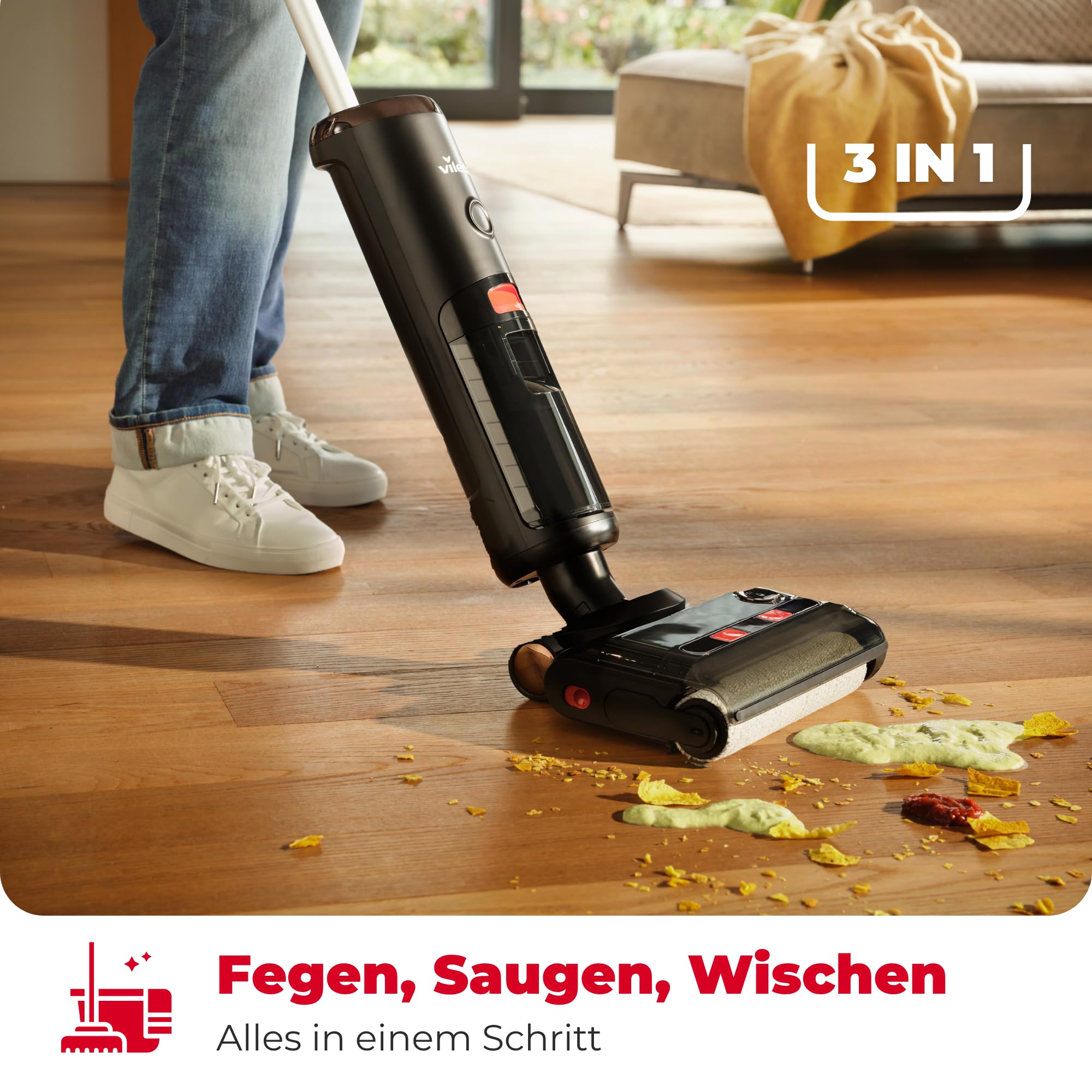 Vileda PureClean S5 Plus - Kabelloser Nass- & Trockensauger mit Zubehör - 3-in-1 Kehren, Saugen & Wischen, 30 Min Akkulaufzeit für 180 m2 Fläche, LED-Anzeige, Schwarz/Silber
