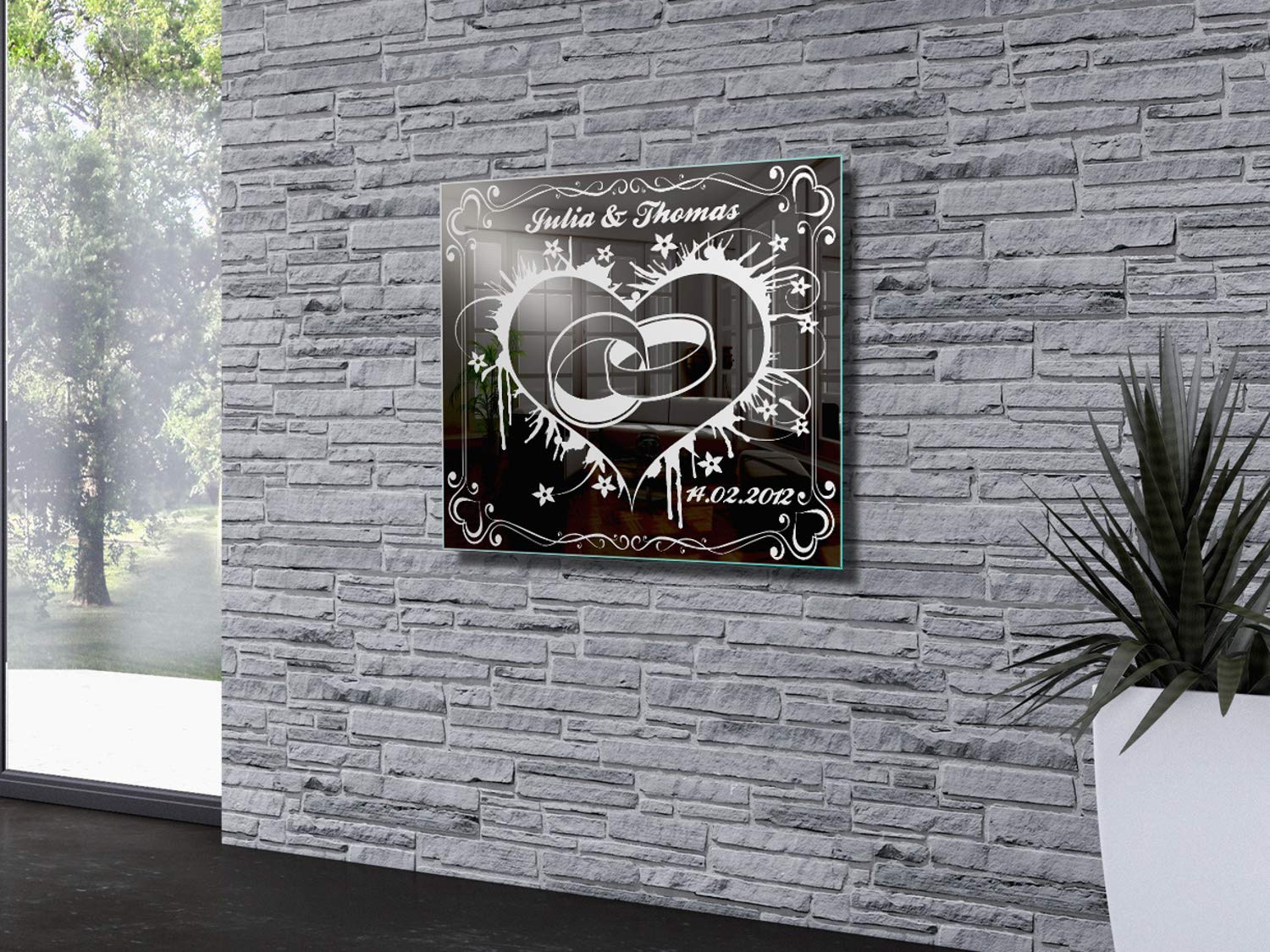 Spiegel mit Gravur Hochzeit 1 ★ Wandbild ★ Hochzeitstag ★ Ehe ★ Hochzeitsgeschenk ★ personalisiert
