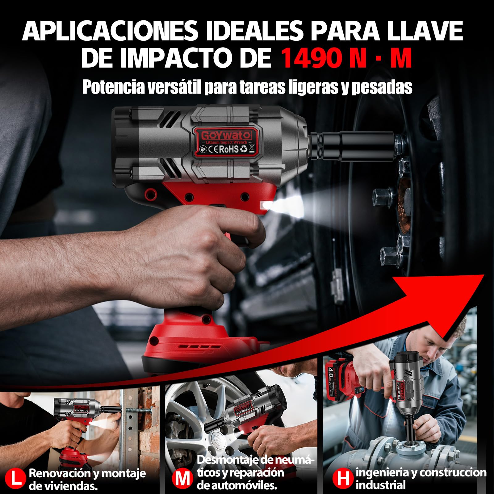 1490Nm Llave de Impacto Inalámbrica con 2 Batería 4.0Ah & 6 Enchufes, Rojo