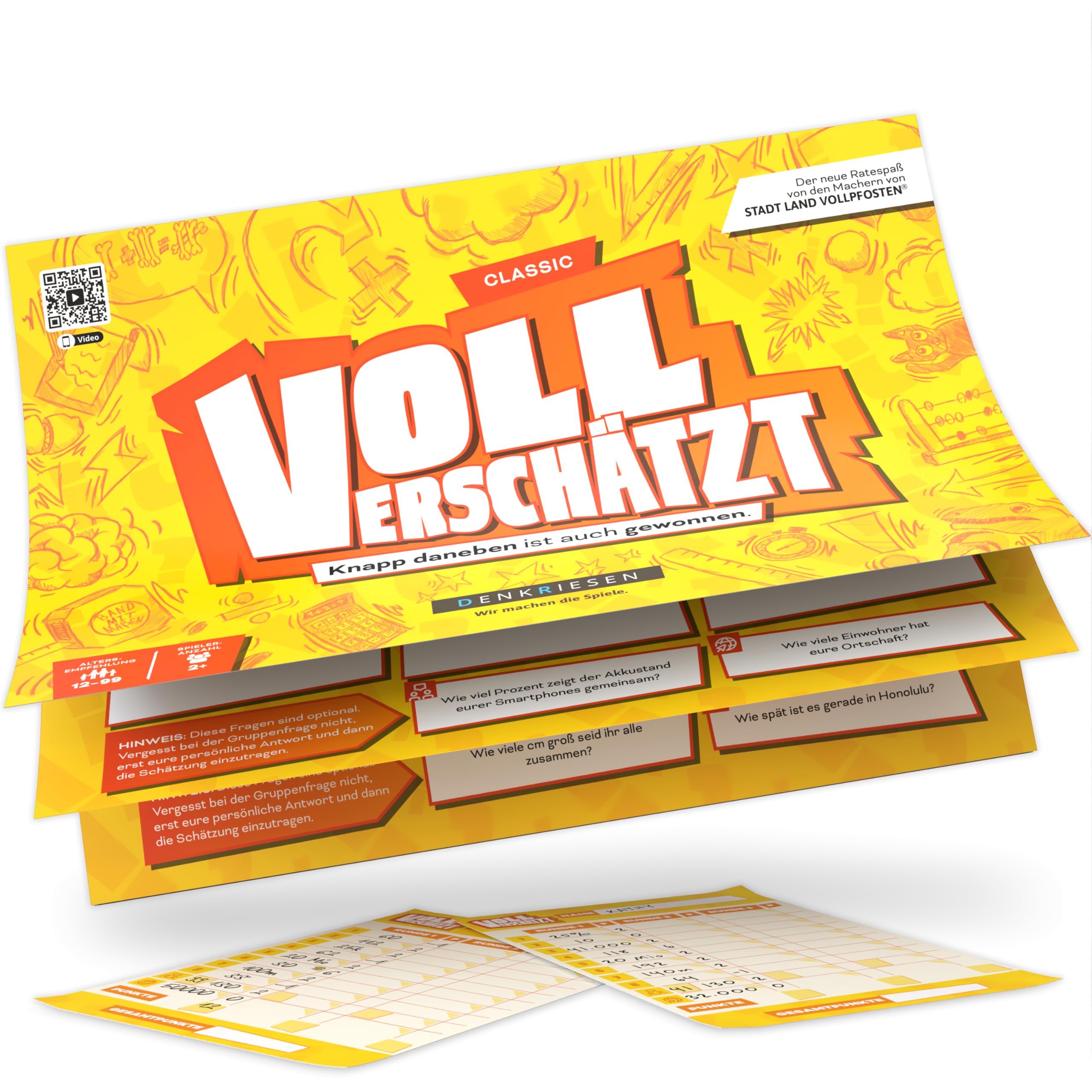 DENKRIESEN - VOLL VERSCHÄTZT! Classic Edition | DIN A4 Spielblock | Ab 12 Jahren | Schätzspiel | Familienspiel | Partyspiel | Ohne Internet | Antworten mit auf dem Block