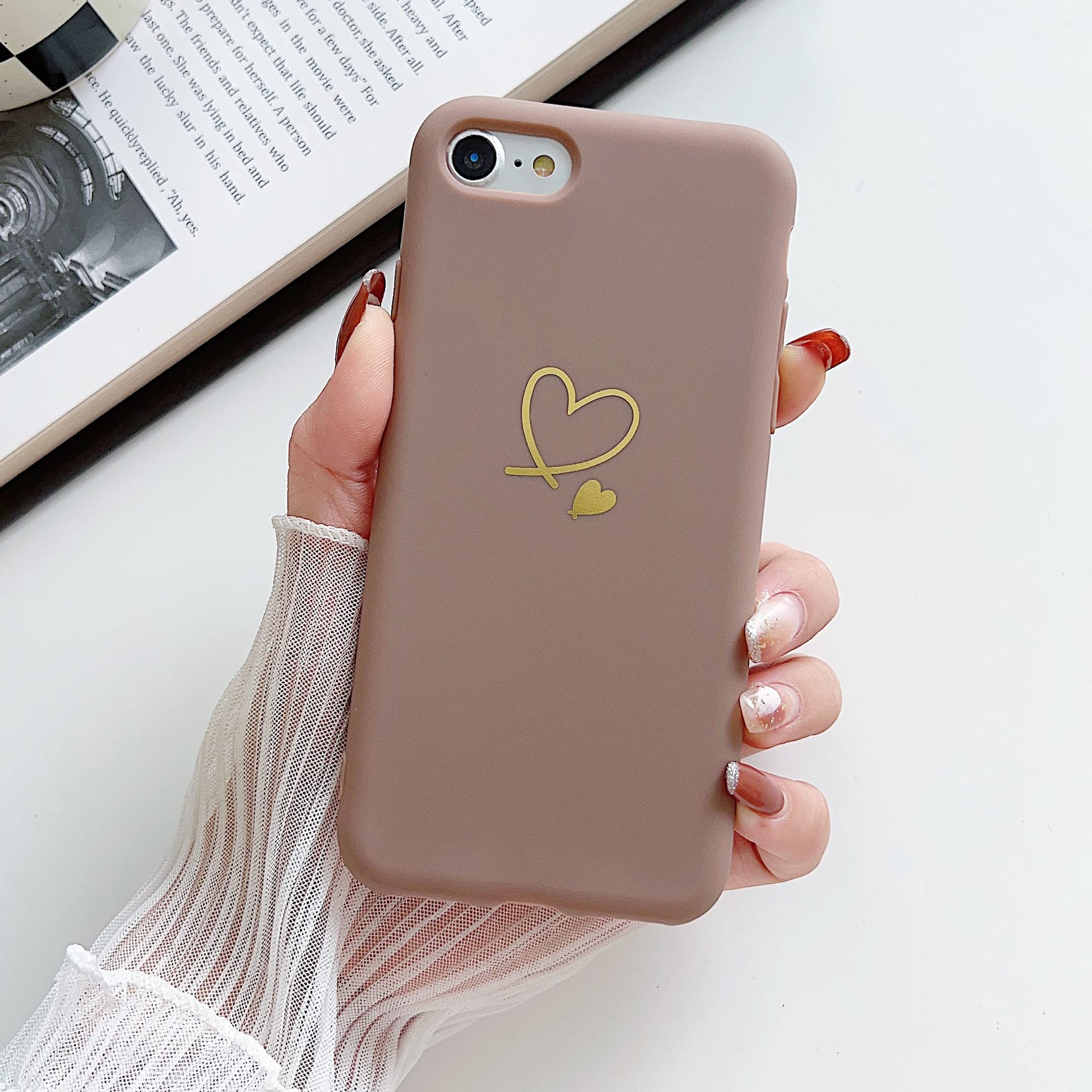 LSOUGUKCompatible with iPhone 7 iPhone 8 iPhone SE 2020/SE 2022 Case for Women Girls,Cute Gold Heart Pattern Soft Liquid Silicone Shockproof Protective Case Slim TPU Bumper Protection Cover -Brown