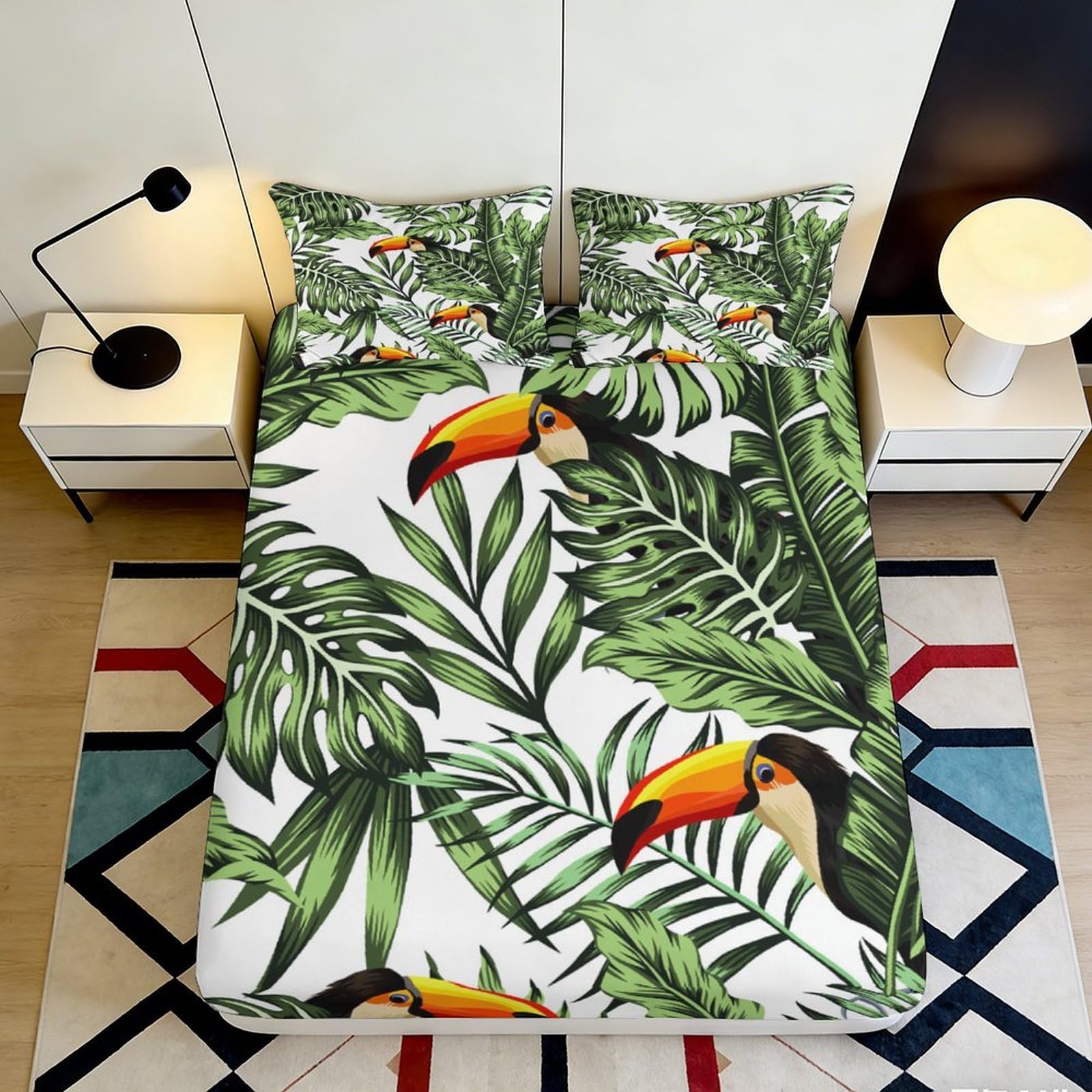 3D Printed Tropical Leaves Fitted Sheet Microfiber Soft Parrot Mattress Cover Anti-Slip for Bedroom Guest Room 140x200x25cm