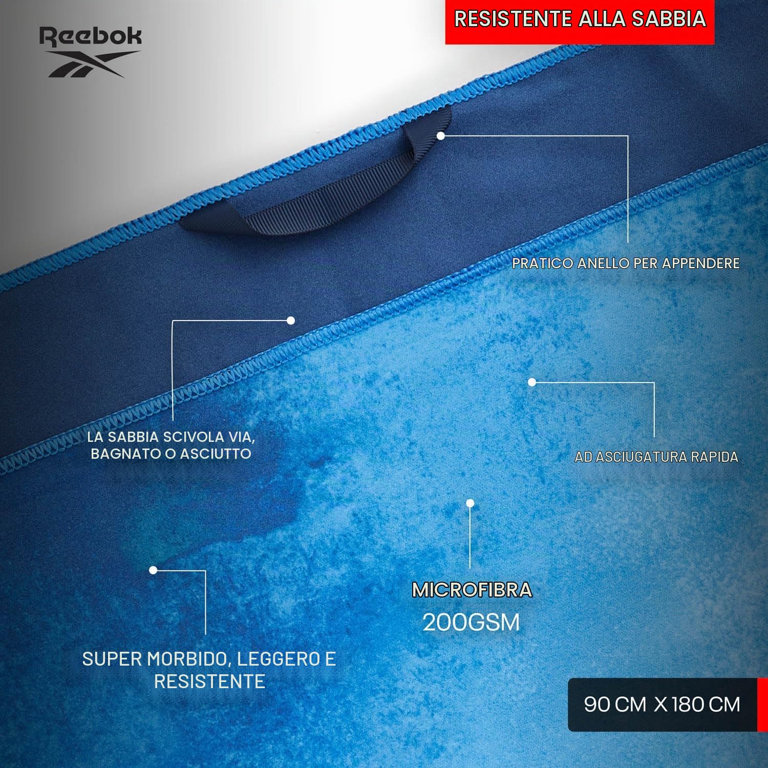 Reebok Telo Mare Microfibra Antisabbia | Asciugamano Microfibra Leggero Compatto | Telo Mare Grande 90x180 Con Sacca | Asciugamano Palestra Viaggio Piscina Gym Towel Blu Navy Fantasia Nuvola