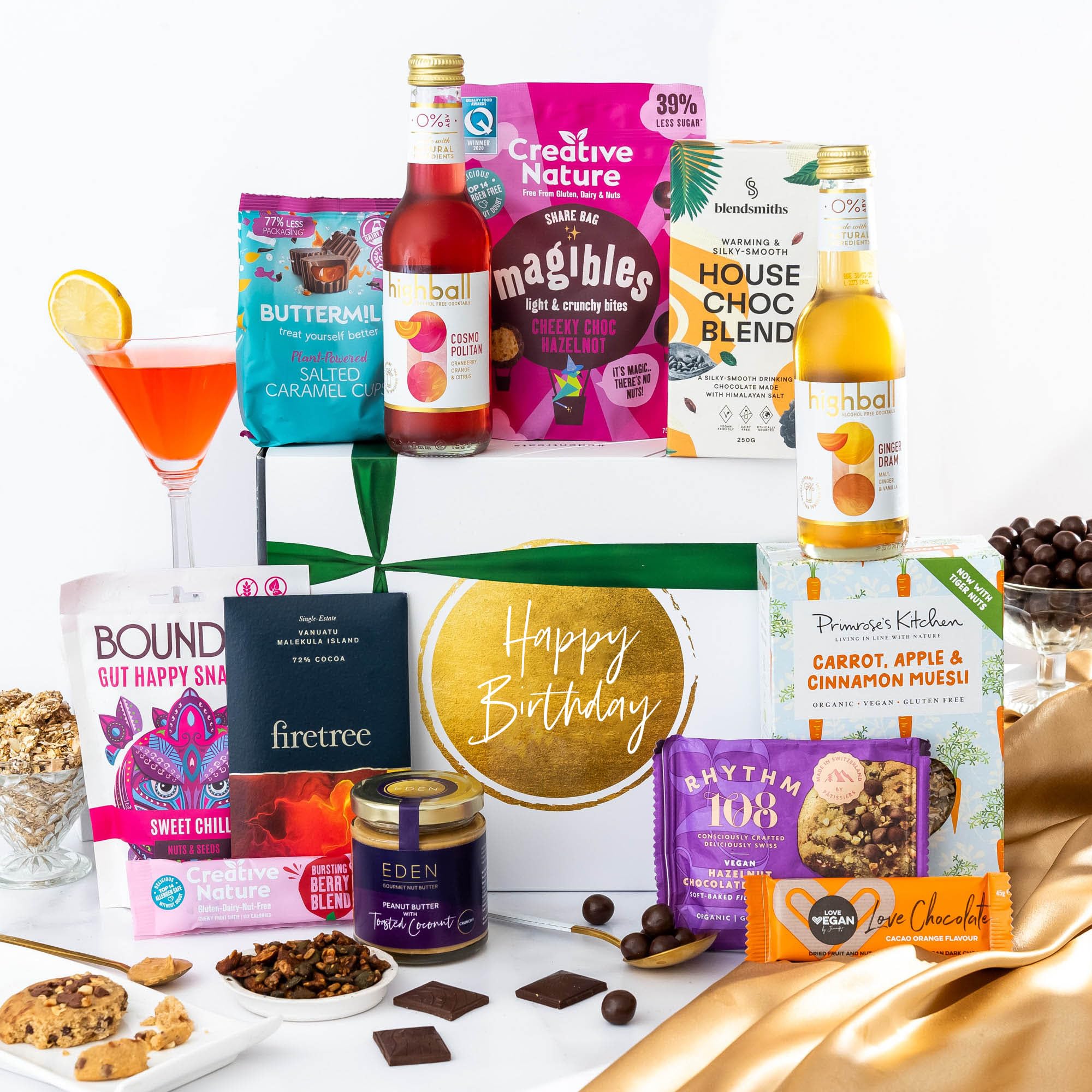 Happy Birthday Gift Hamper Basket, Luxury Gourmet Gifts for Women, Men or Couples, Dairy Free, Gluten Free and Vegan Chocolate by EDEN Treats - Includes 2 Mocktails