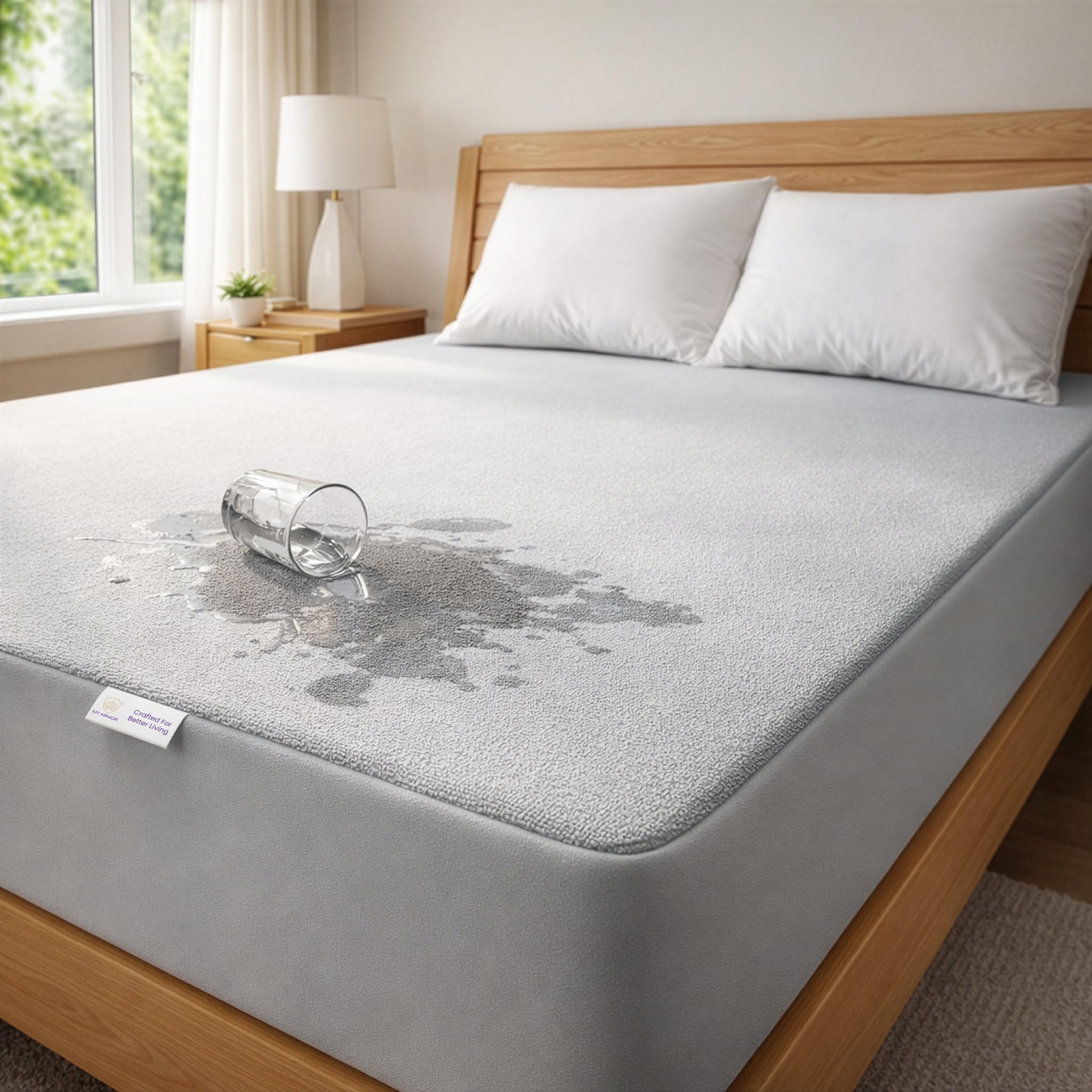 MY ARMOR Waterproof Terry Cotton Feel Mattress Protector for Single Bed 72"x36" | 6x3 feet, Colour - Grey