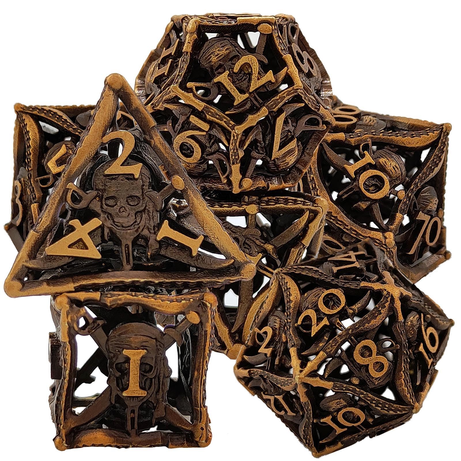 7PCS Hollow Metal DND Dice Set, Vintage Golden Pirate Role Playing D&D Dices, DND Metal Dice Set, Polyhedral Metal Dices Set for Pathfinder Warhammer RPG Board Games