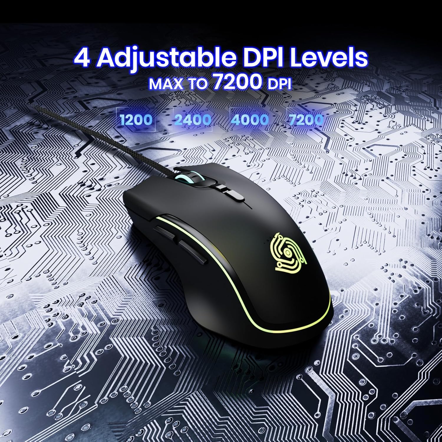 MKETech gaming mouse on a circuit board background, highlighting 4 adjustable DPI levels: 1200, 2400, 4000, 7200