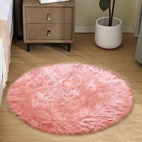 Goolela Pink Round Rug for Girls Bedroom Fluffy Circle Rug 3ft Faux Fur Rug for Living Room Cute Plush Shag Rug Washable Home Décor