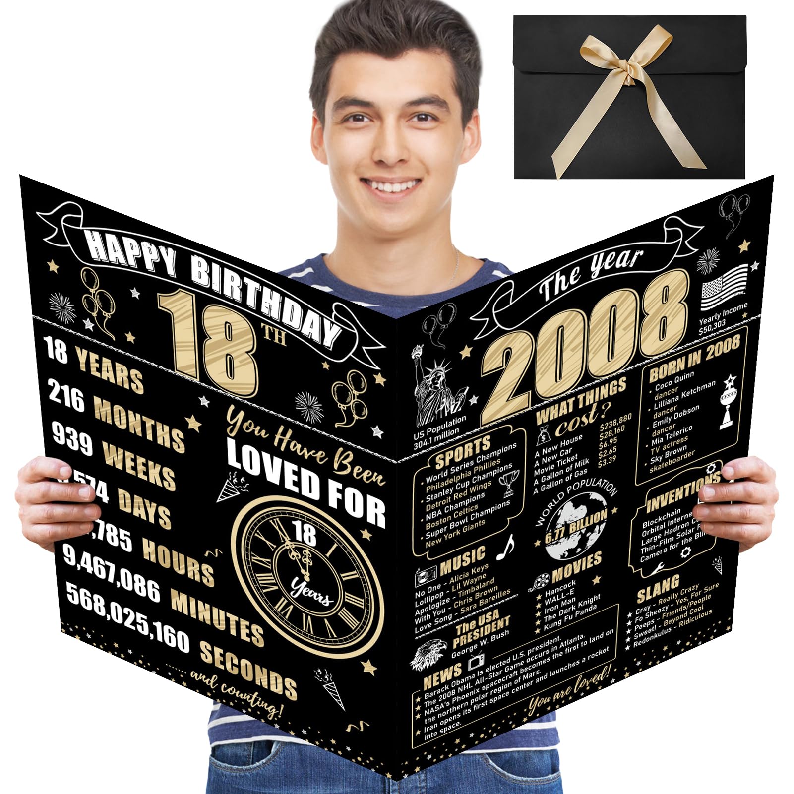 Turypaty Large 18th Birthday Card With Envelope for Boys Girls, 2008 Black Go...