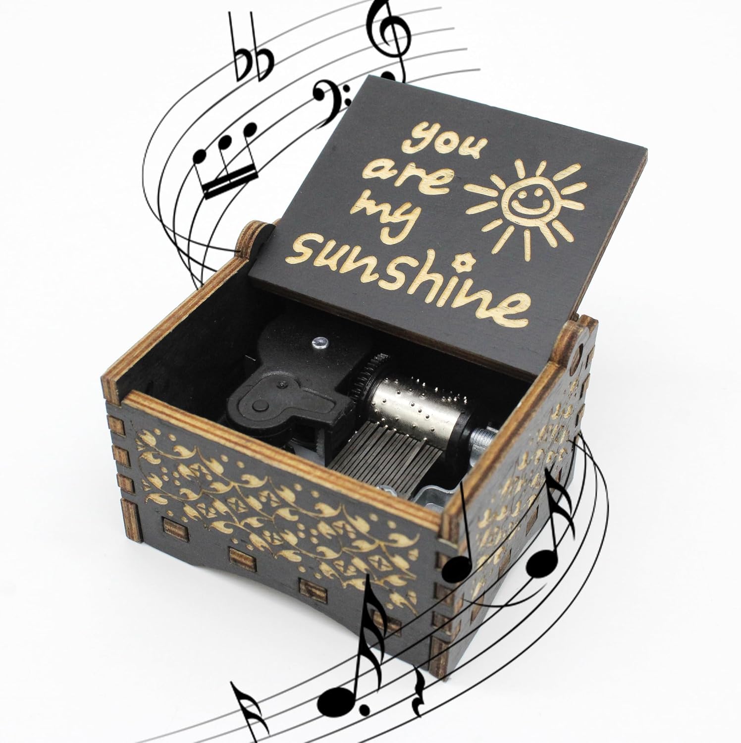 Wooden Music Box Gift for Birthday Christmas Best Friend Present (Black, Sunshine)