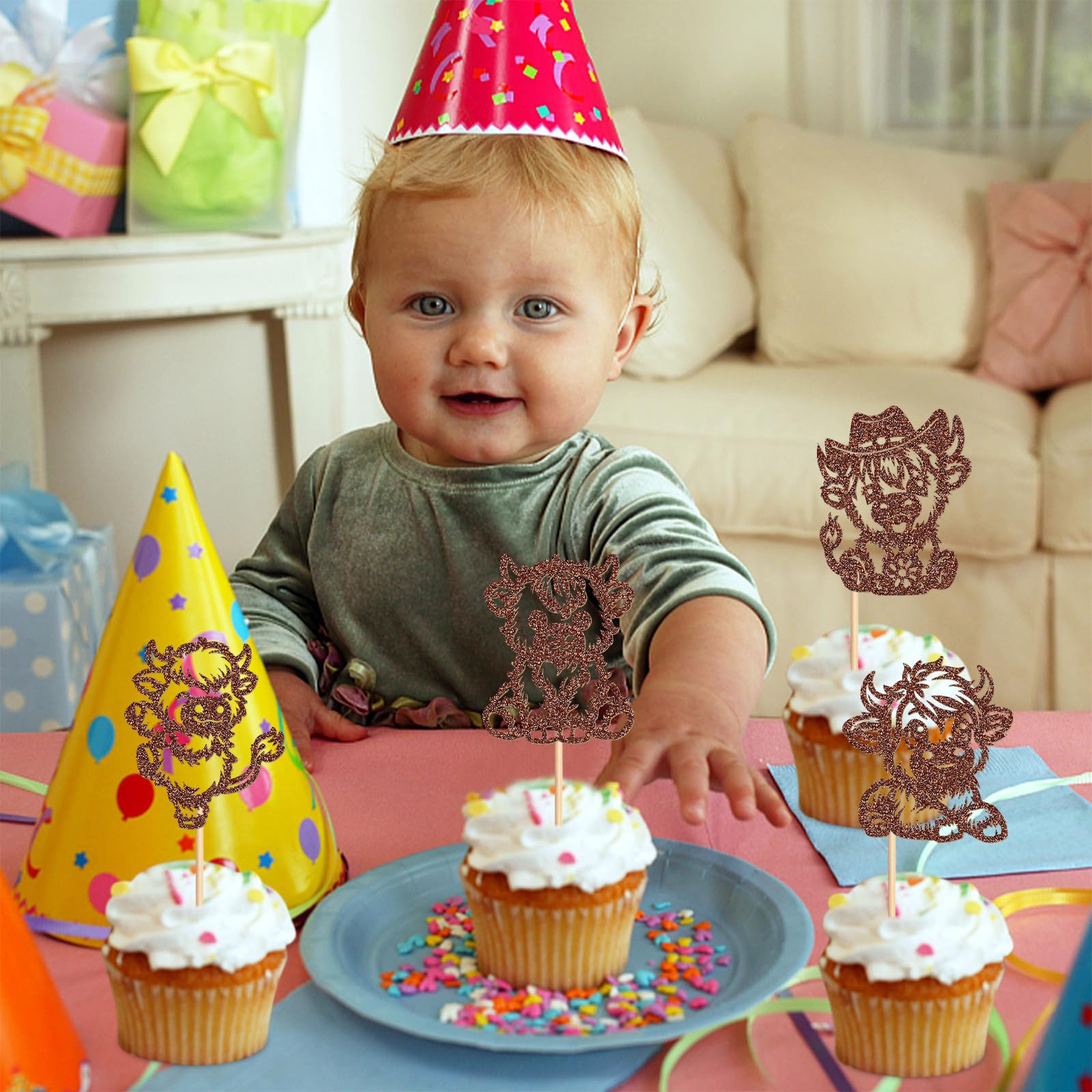 24 Pack Cute Highland Cow Cupcake Toppers - Birthday, Baby Shower, Farm Theme Party Decorations