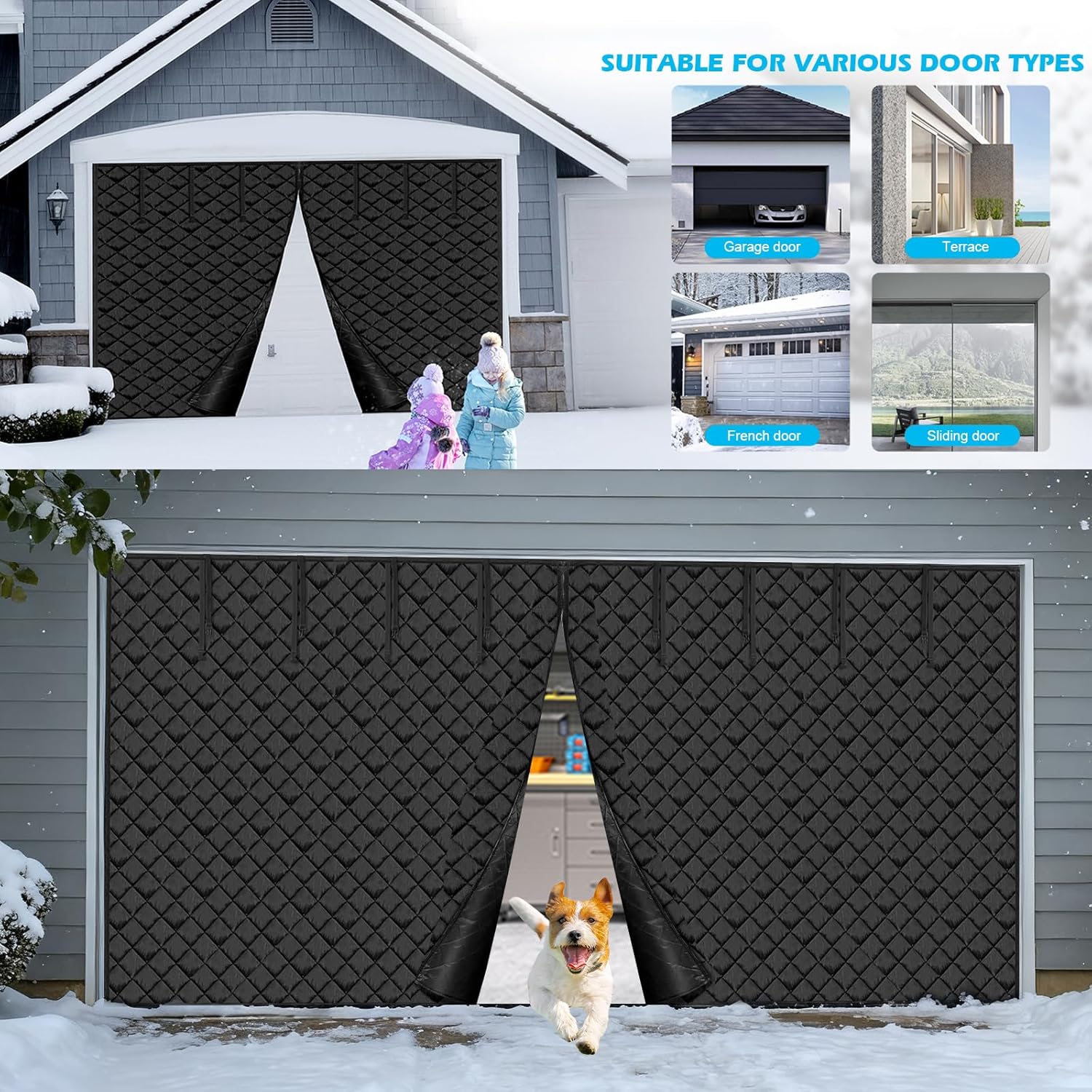 16FT ×7FT Garage Door Screen for Winter Magnetic Thermal Insulated Door Curtain Door Cover for 2 Car Garage Thicken Fiberfill & Durable Oxford Fabric Waterproof Windproof Soundproof