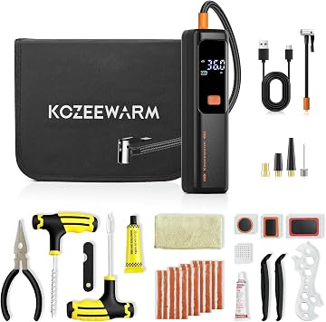 Tire Repair Kit with Air Compressor, Flat Tire Repair Kit, Tire Patch Kit to Fix Punctures and Plug Flats, Universal Tire Repair Tools for Car, Truck, Jeep, ATV, Tractor, Trailer, Motorcycle