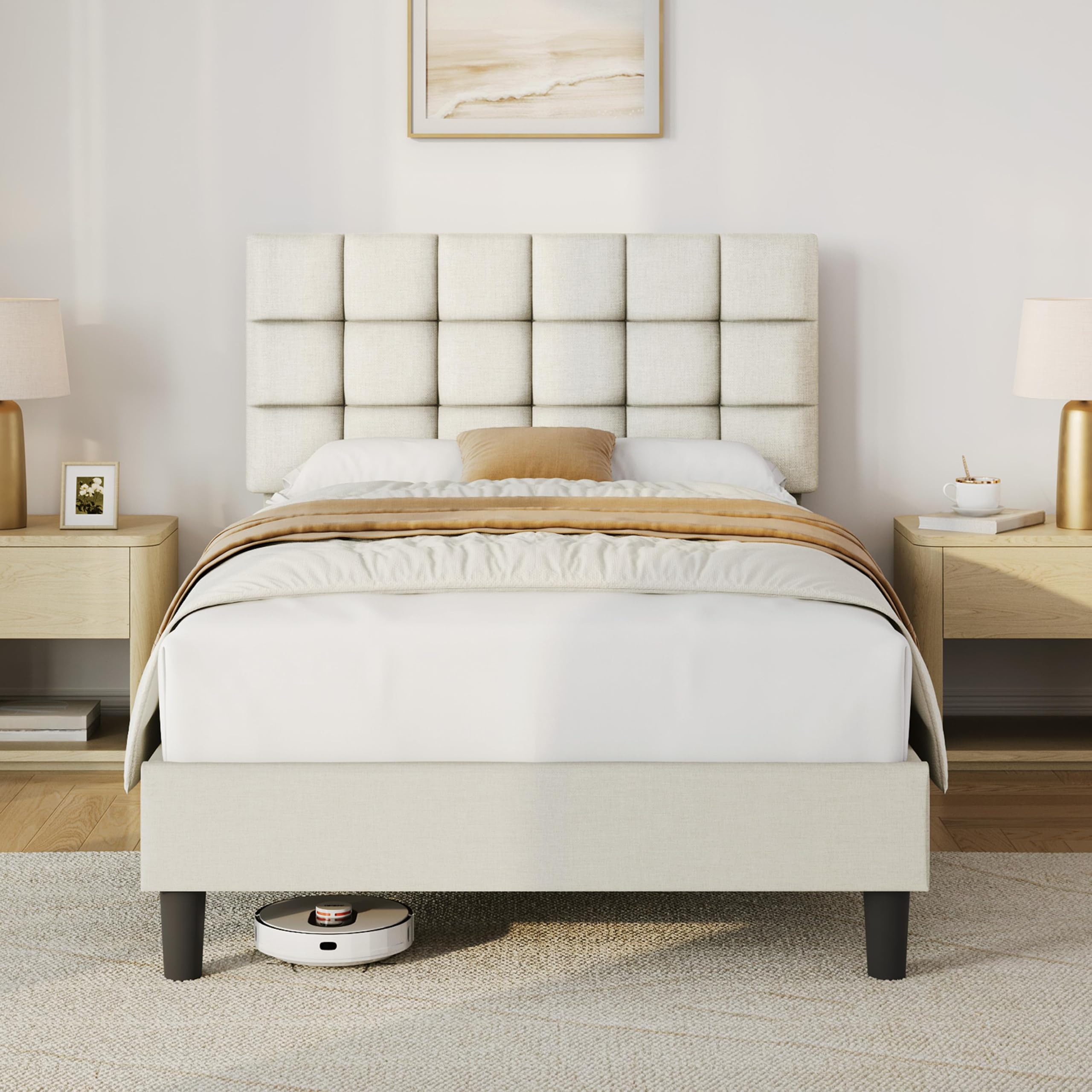 Yaheetech 4ft Small Double Bed Frame, Upholstered Headboard, Light Grey
