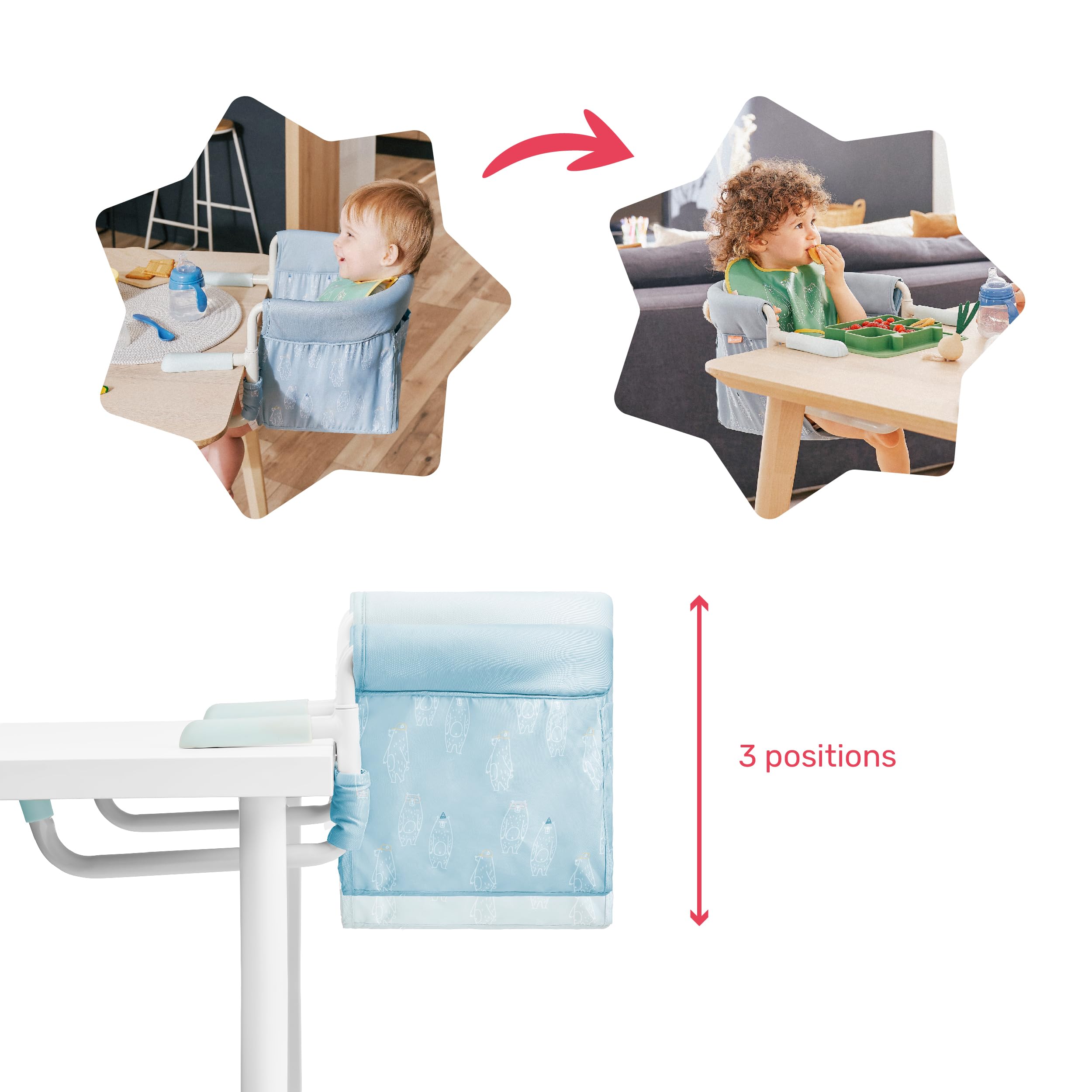Badabulle seggiolino da tavolo per bambino con cintura a 3 punti, confortevole, chiusura ultra compatta per portarlo ovunque, da 6 a 36 mesi o 15 kg