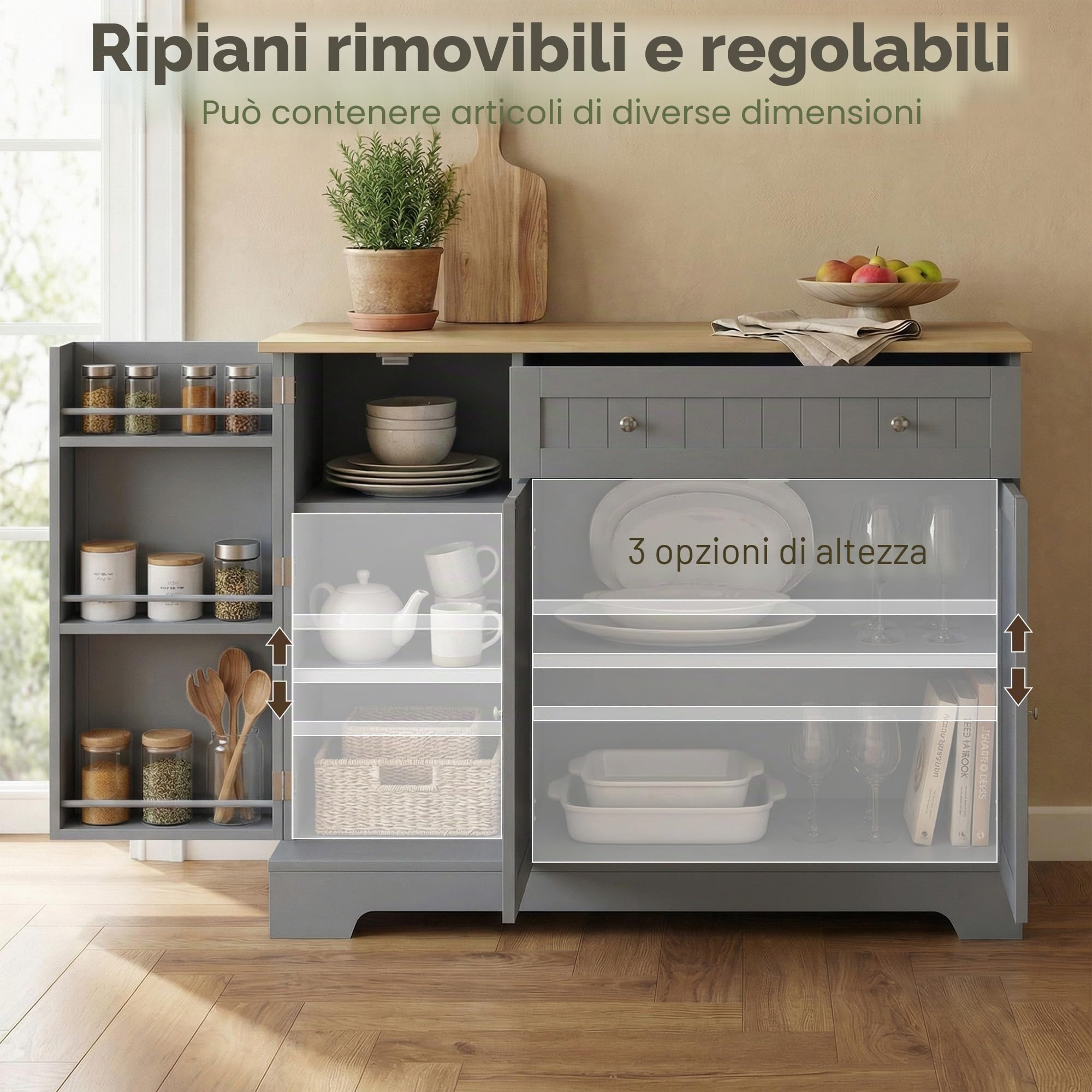 HOMCOM Mobile bar caffè moderno con vano, cassetto, mensole porta, Grigio