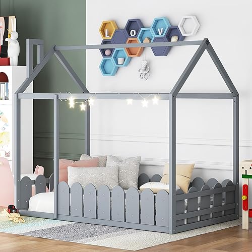 Miniatura 46 de Base de cama de casa de tamaño individual con techo y valla, marco de cama de madera para niños pequeños, adolescentes, niñas, niños, se puede