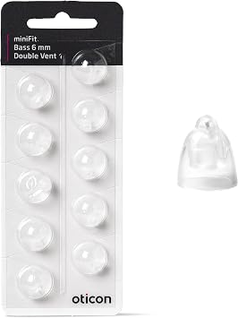 Genuine Oticon Hearing Aid Domes 6mm MiniFit Double Vent Bass, Oticon Branded OEM Denmark Replacements, Authentic Accessories for Optimal Performance -1 Pack/10 Domes Total