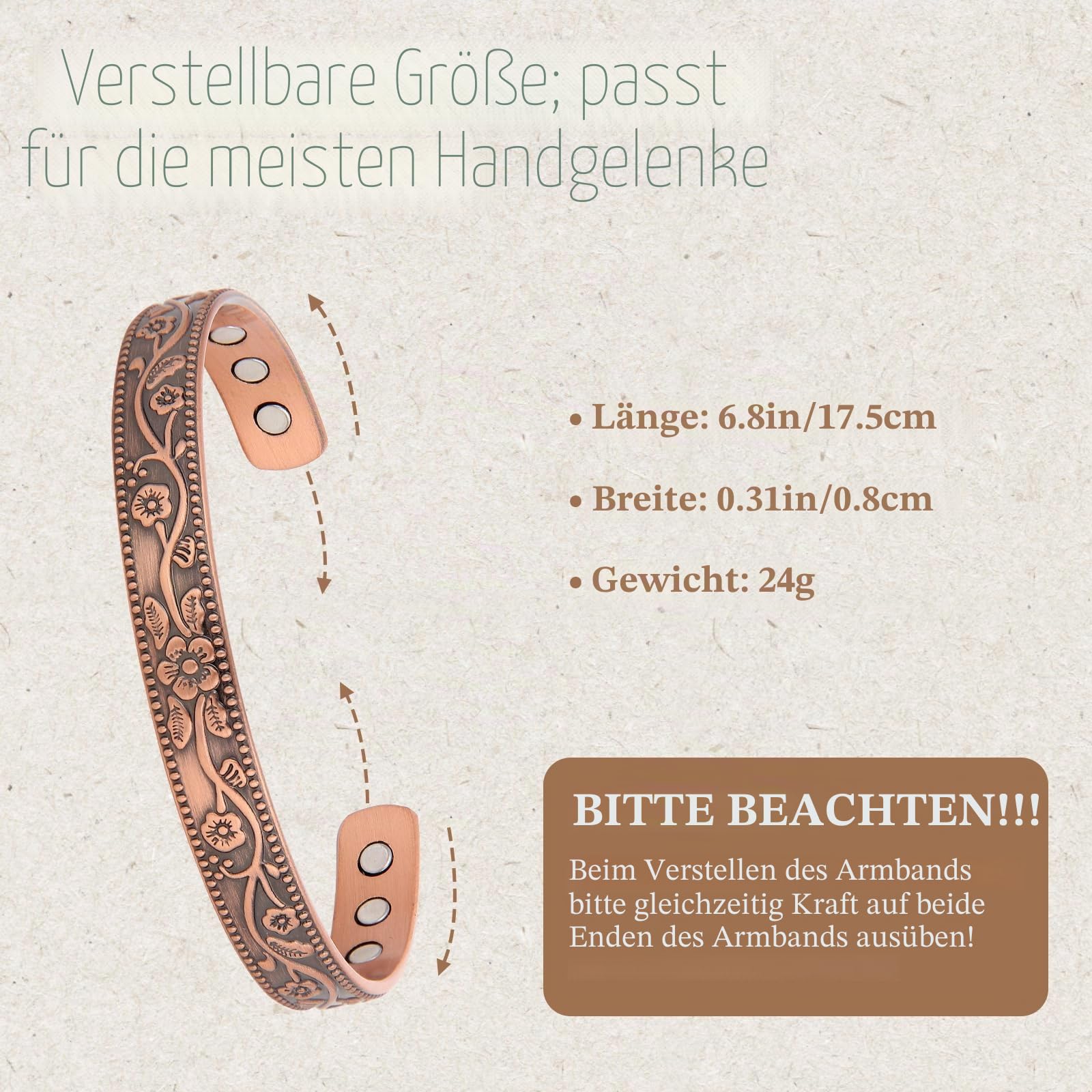 MagEnergy Kupfer-Armbänder für Damen, 99,9 % reines Kupfer, Vintage-Blume, magnetischer Armreif mit 3500 Gauß-Magneten, verstellbare Manschette, Schmuckgeschenk