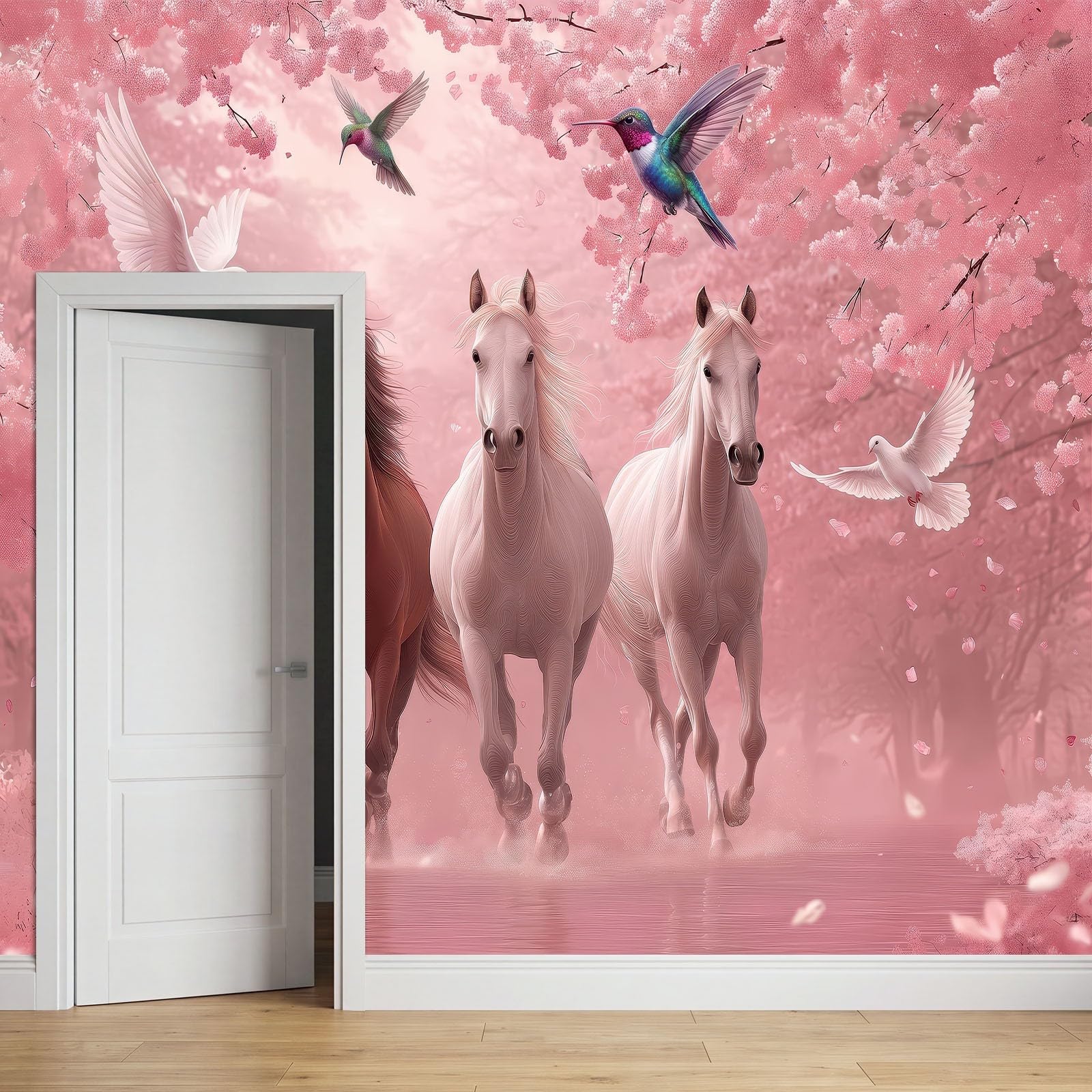 Générique Panoramiczna tapeta 500 x 280 cm fantazyjne zwierzęta galopowe konie XXL fototapeta dekoracja ścienna gobelin salon sypialnia - tapeta Trompe l'eil efekt 3D, różowa