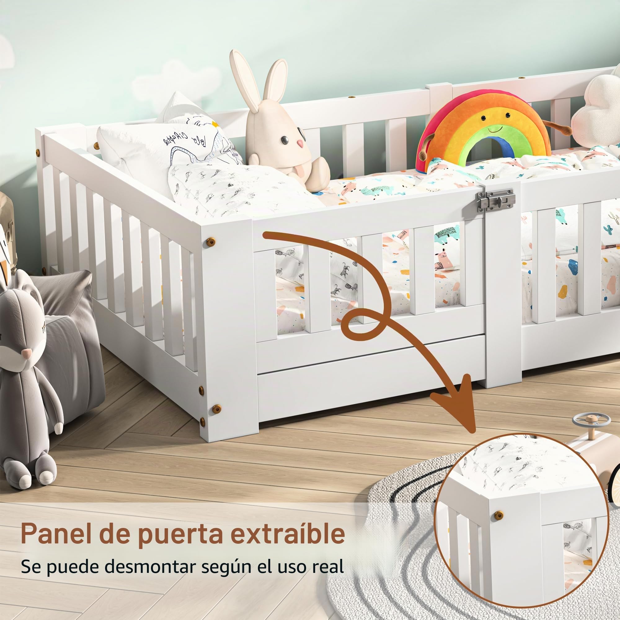 Cama Infantil 90 x 200 cm, Cama de pie con barandillas de Seguridad, somier de láminas Blancas, Apta para niños y niñas