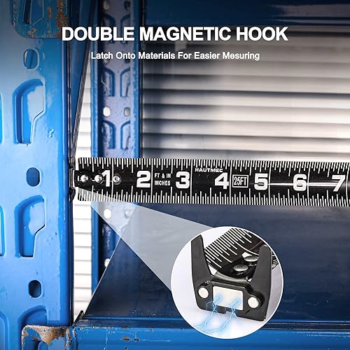 Miniatura 6 de HAUTMEC Cinta métrica negra autoLock resistente de 25 pies (24.6 ft), hoja rígida negra de 1 14 pulgadas de ancho, impresión de reglas de doble cara