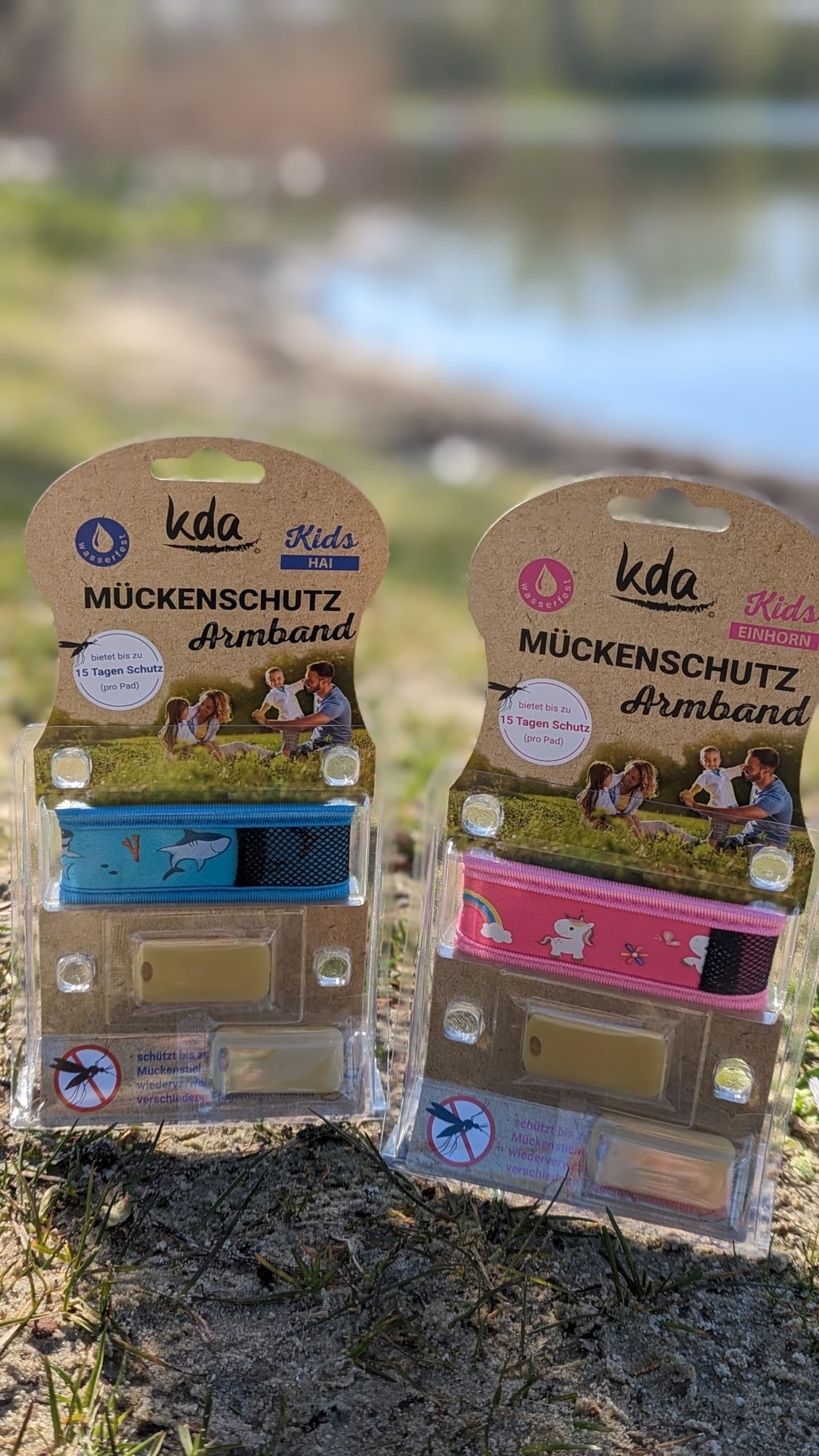kda Mückenschutz Armband Sparset - 2 Armbänder mit gratis Nachfüller - Nachfüllpack Mückenarmband Sommer Sonne Camping (Einhorn-Hai)