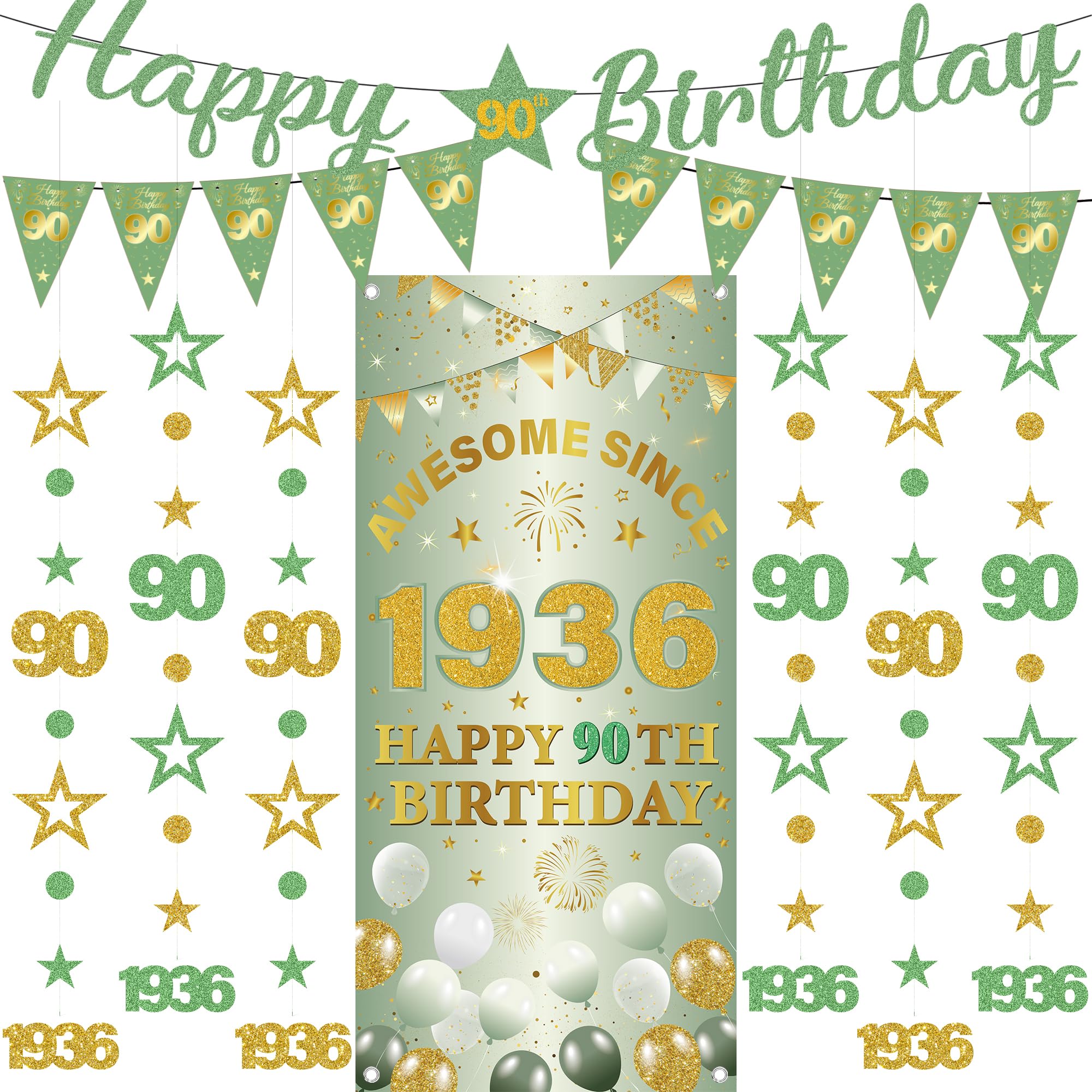 90th Birthday Decorations Women Banners - 9 Pcs Green Gold Happy Birthday Banner Awesome Since 1936 Curtain Twinkle Star Dot Hanging Streamer Pennant for Her 90 Years Old Party Decor Supplies