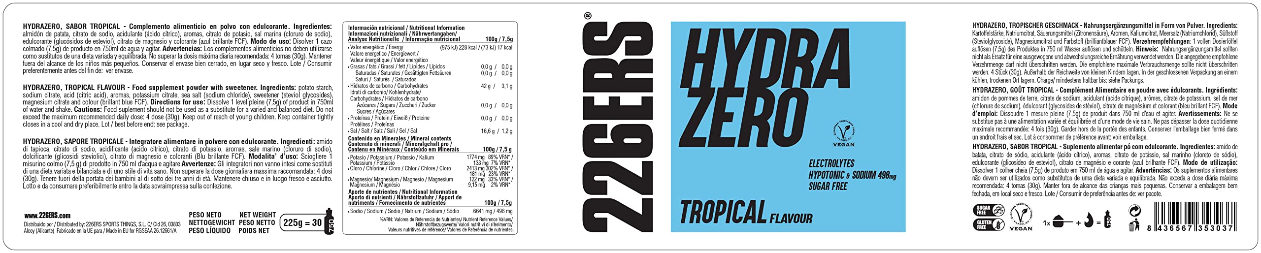 226ERS Hydrazero | Bevanda per l'Idratazione e il Recupero dei Sali Minerali ed Elettroliti, Tropical - 225 gr