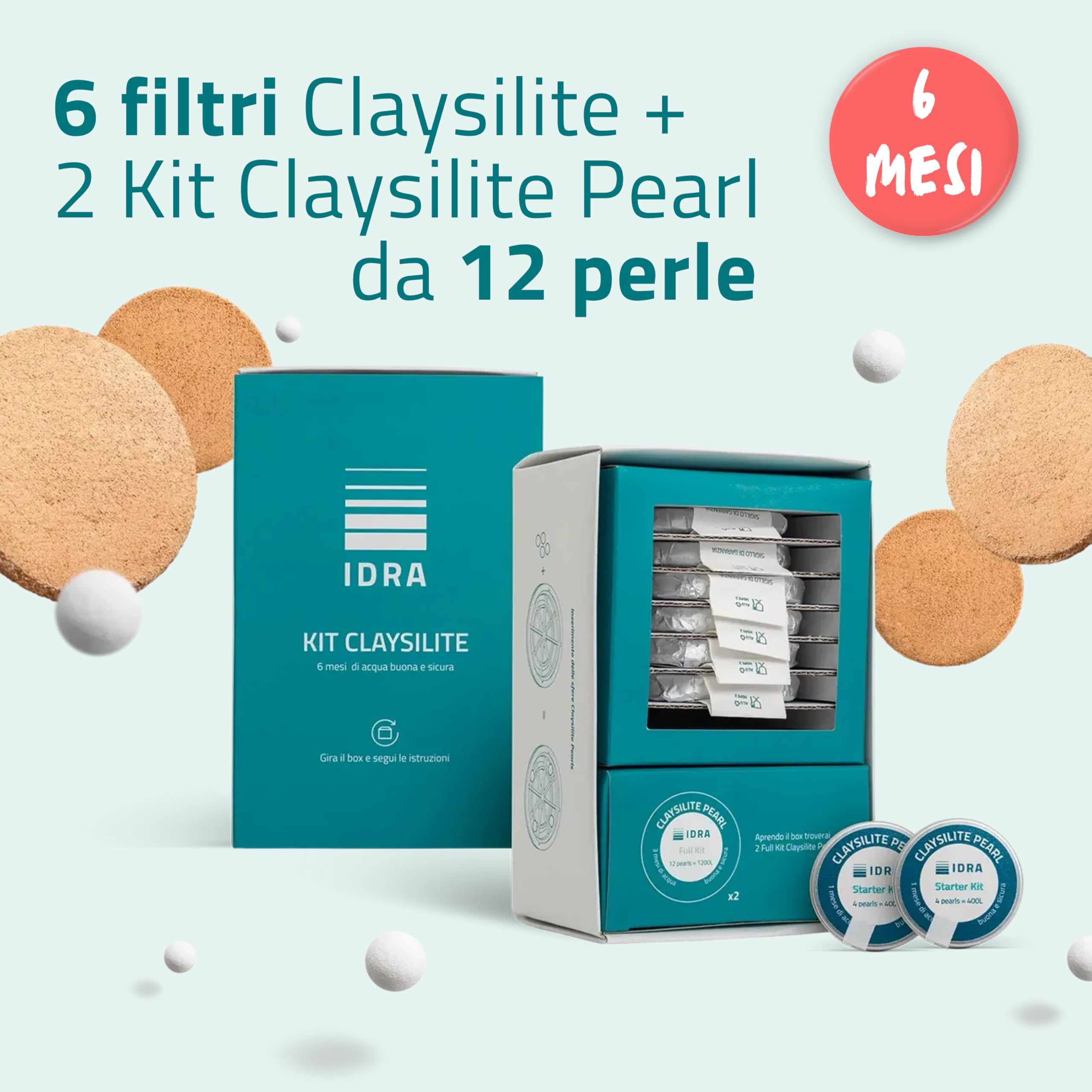 IDRA Water, Box 6 Filtri Acqua Rubinetto Claysilite, Compatibili con Caraffa Filtrante IDRA Living, Capacità Filtrante 400 L, Riducono Cloro, Calcare, PFOS e Metalli (>0.2 µm), Made in Italy