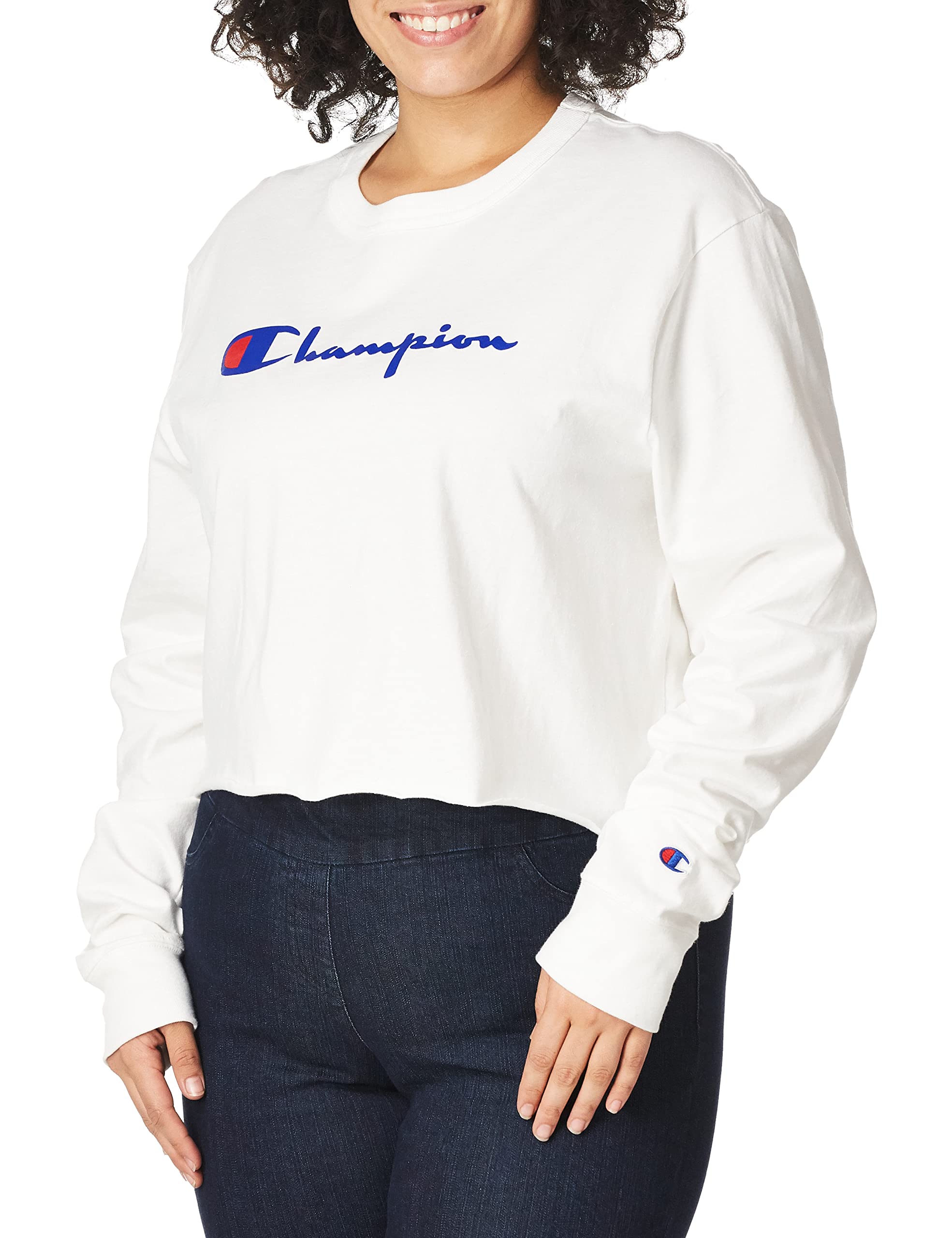 Champion Women's Boyfriend Long Sleeve Cropped Tee, White, Large