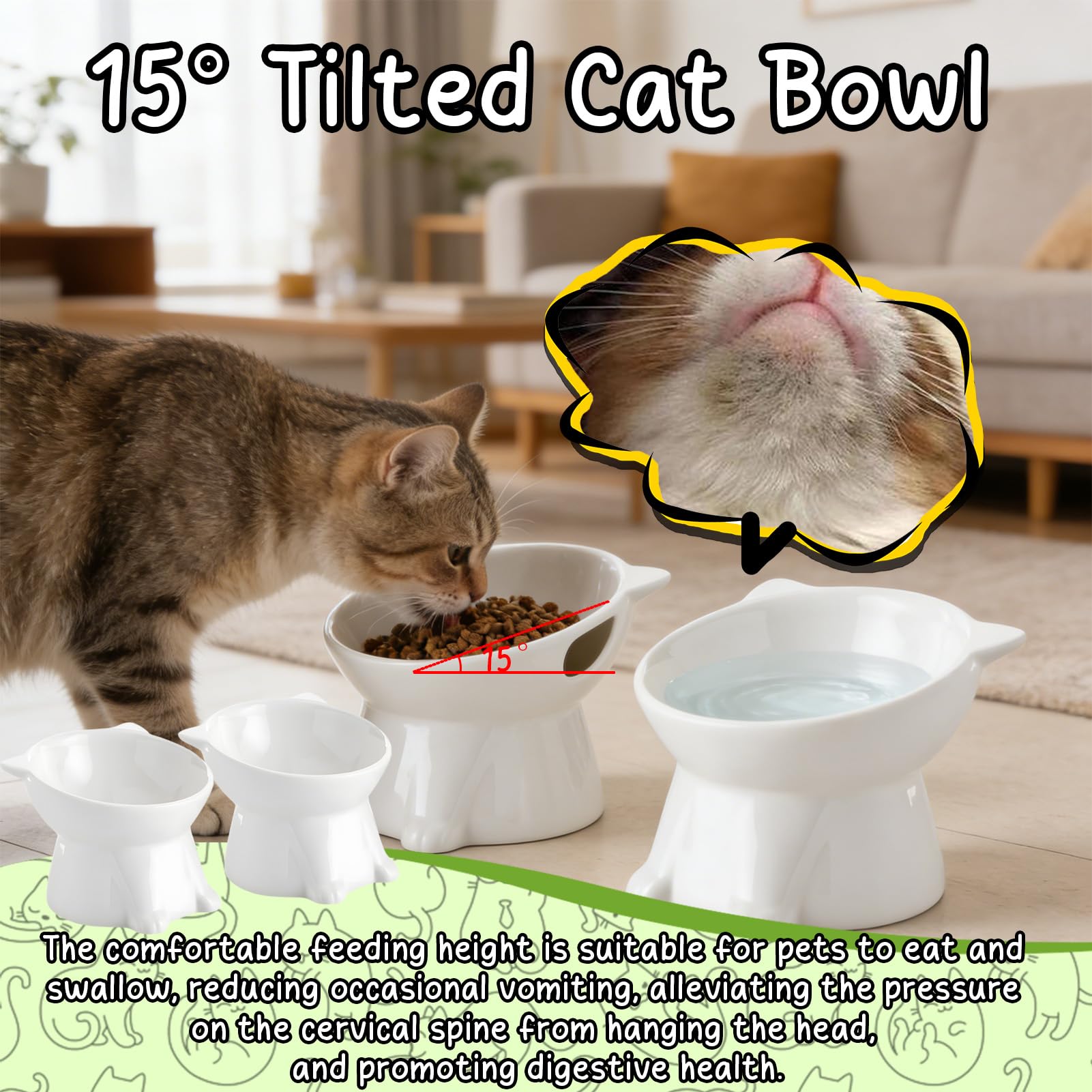 2 Pezzi Ciotole per Gatti Rialzate e Inclinate, Ciotola Acqua Gatto Inclinata di 15°,facile da Pulire,Base Stabile, Adatta a Gatti e Cani di Piccola Taglia(Bianco)