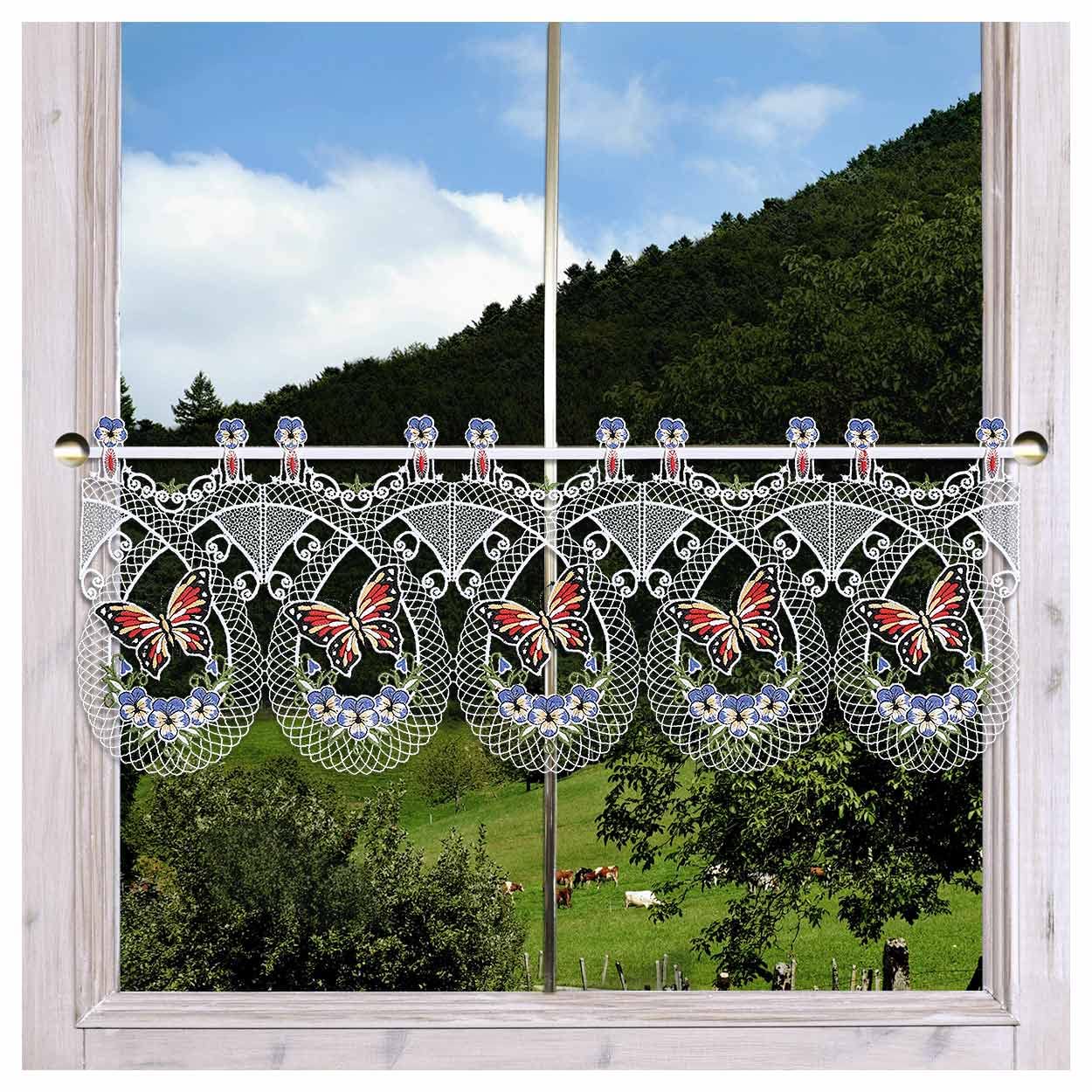 Scheibengardine Sabina Schmetterling mit Stiefmütterchen Rot-Blau Vogtländische Spitze | Landhaus-Spitzengardine mit filigraner Stickerei Fensterdeko für Frühling & Sommer Höhe x Breite 30 x 80 cm