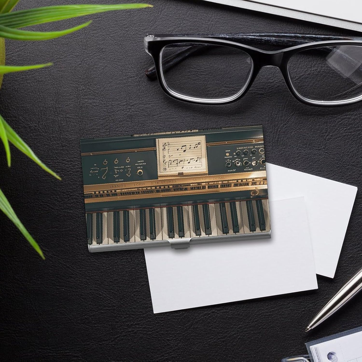 Business Card Holder Professional Business Card Case Metal Name Card Holder Art Business Card Music Note Piano Organizer Slim Pocket Card Holders for Men Women Office Accessories image 5