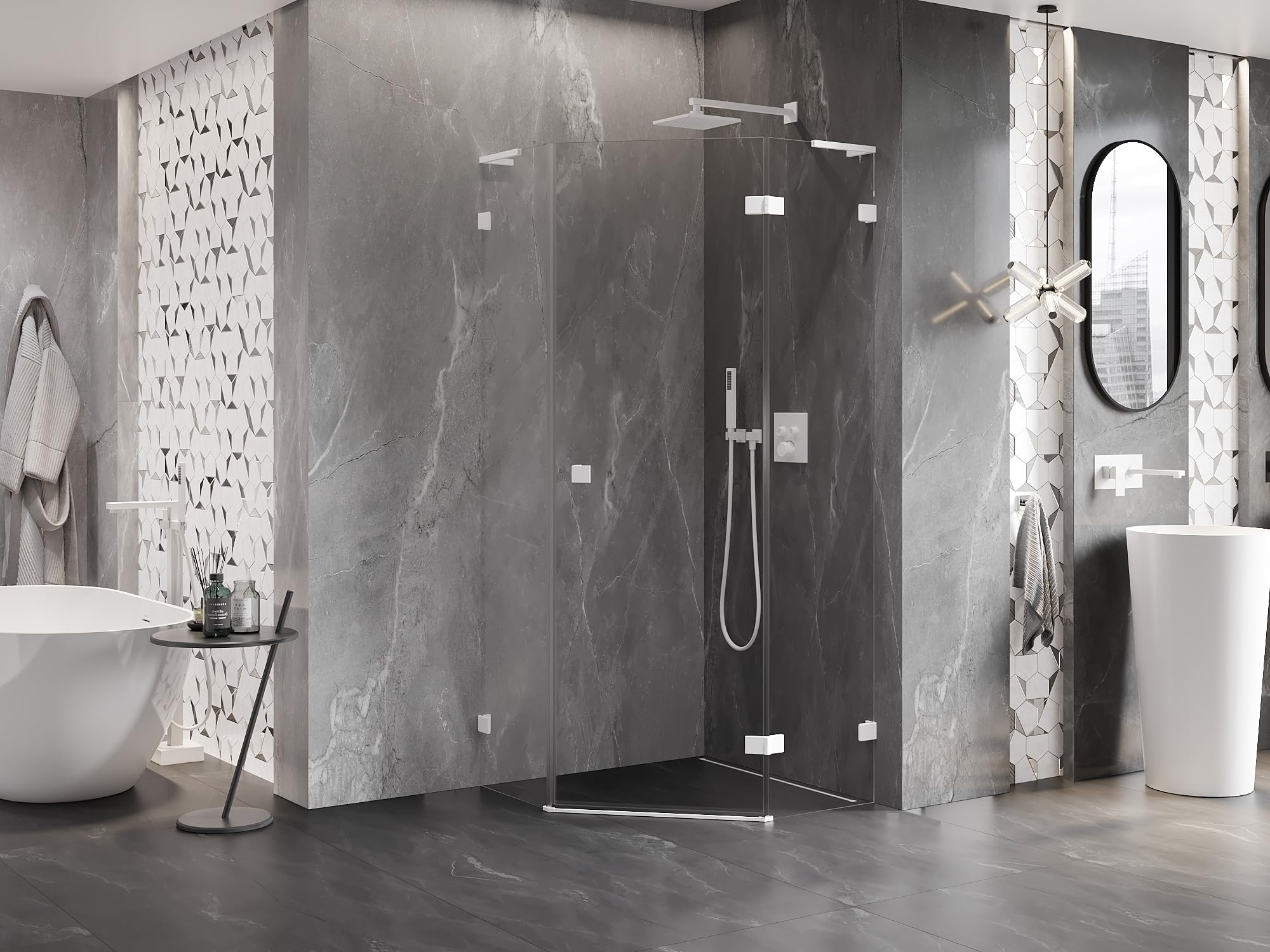 Mexen Lunar L Box Doccia Cinquagonale con Ante a Battente Destra 90x90 Trasparente Bianco
