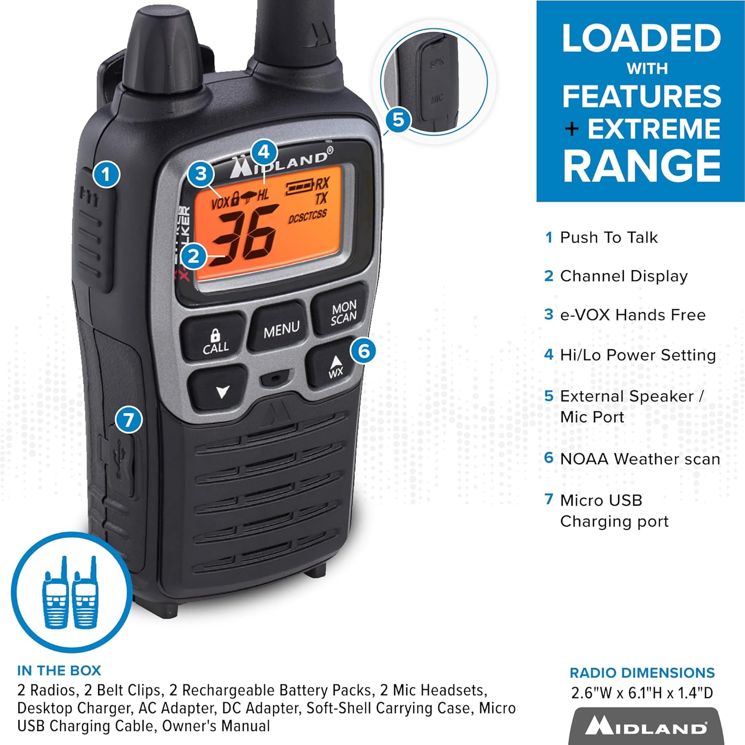 Popular Midland - X-TALKER T77VP5, 36 Channel FRS Two-Way Radio - Up to 38 Mile Range Walkie Talkie, 121 Privacy Codes, and NOAA Weather Scan + Alert (Includes a Carrying Case and Headsets) (Black/Silver) Popular Midland - X-TALKER T77VP5, 36 Channel FRS Two-Way Radio - Up to 38 Mile Range Walkie Talkie, 121 Privacy Codes, and NOAA Weather Scan + Alert (Includes a Carrying Case and Headsets) (Black/Silver)