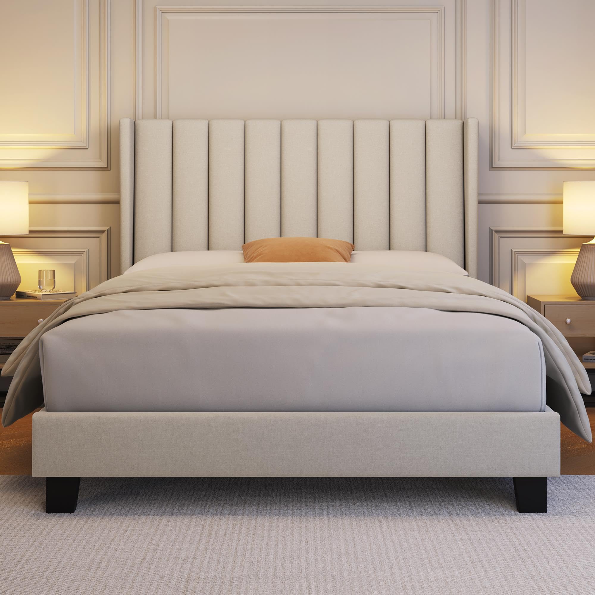 Yaheetech Struttura Letto Imbottito Matrimoniale Doghe Legno | Letto Matrimoniale 140x200 cm Beige con Testiera a Strisce Resistente Silenzioso Struttura Stabile Design Moderno Comfort