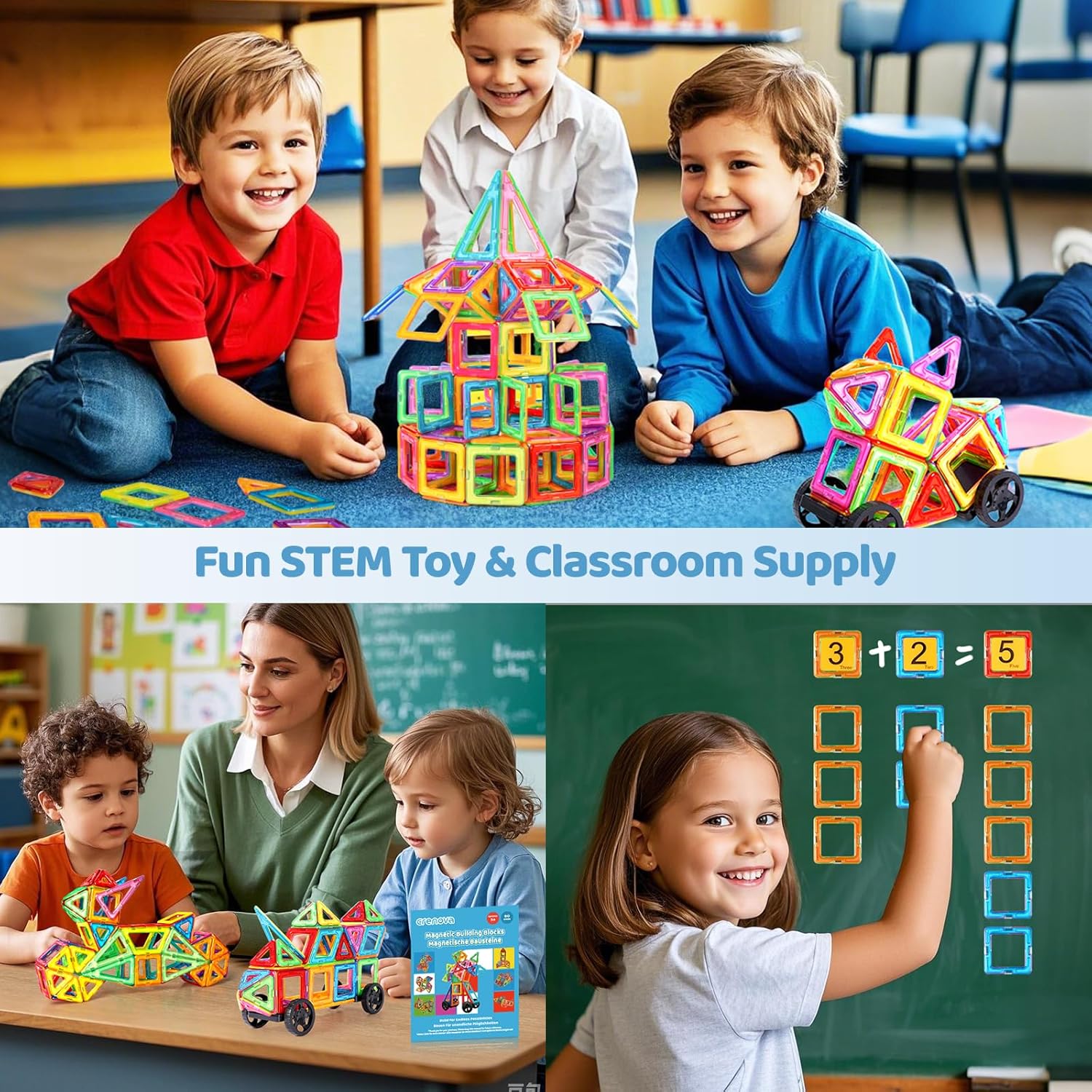 Crenova Magnetic Tiles with 2 Car Wheel Sets for Ages 3+ Boys & Girls, 60-Piece STEM Educational Toy, for Birthday Christmas