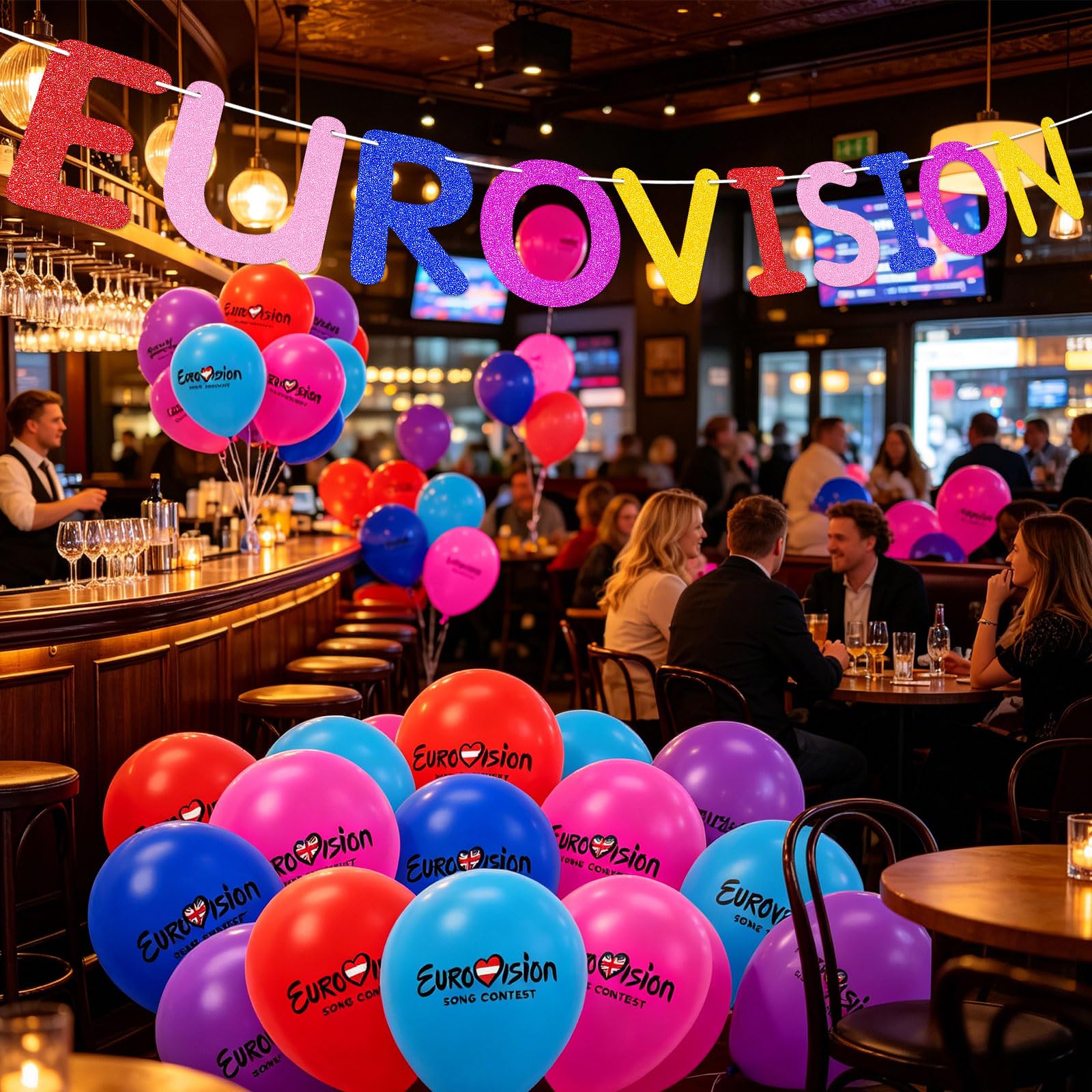 21 Pcs Eurovision 2026 Party Decorations Set, 12 Inch Multicolour Latex Balloons and Glitter Eurovision Banner, Vienna 2026 Celebration Themed Supplies for Eurovision Song Contest Watch Party — view 7