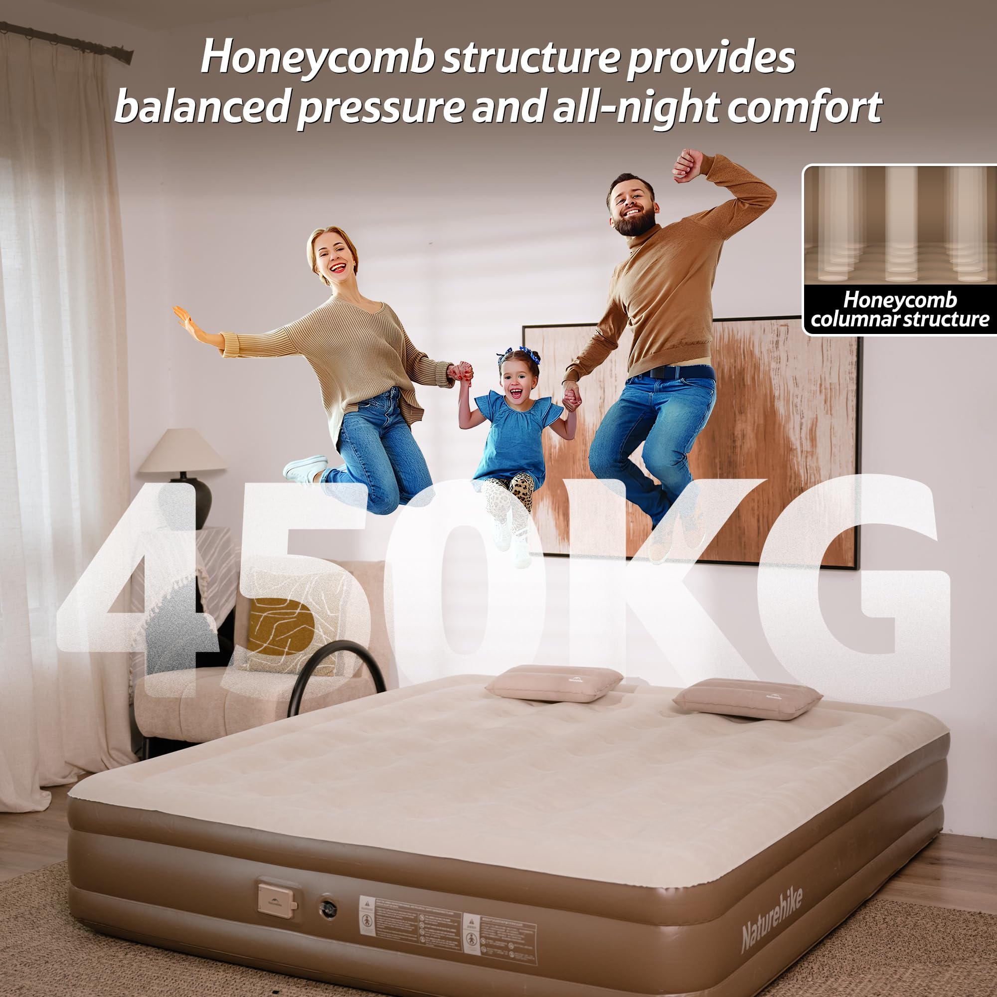 Naturehike Matelas Gonflable 3 Personnes avec Pompe Intégrée Rechargeable - 200x180x38 cm Lit Gonflable Autogonflant pour Camping et Maison - Matelas Camping Portable