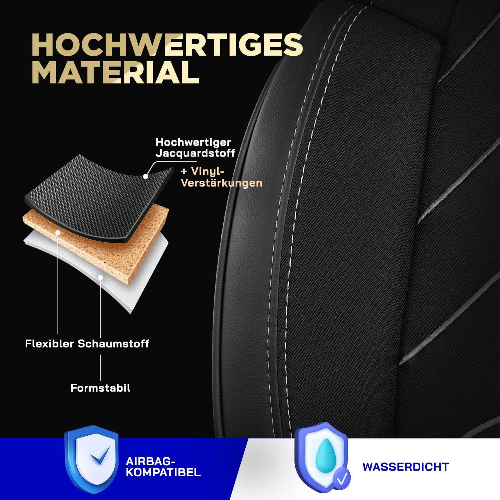 Autositzbezüge 2+1 für FIAT Ducato, Peugeot Boxer, Citroen Jumper 2014-2026, Opel Movano C 2022-2026 - Leinen/Schwarz-Grau - Vordersitz-Set (rechter Beifahrersitz geteilt)