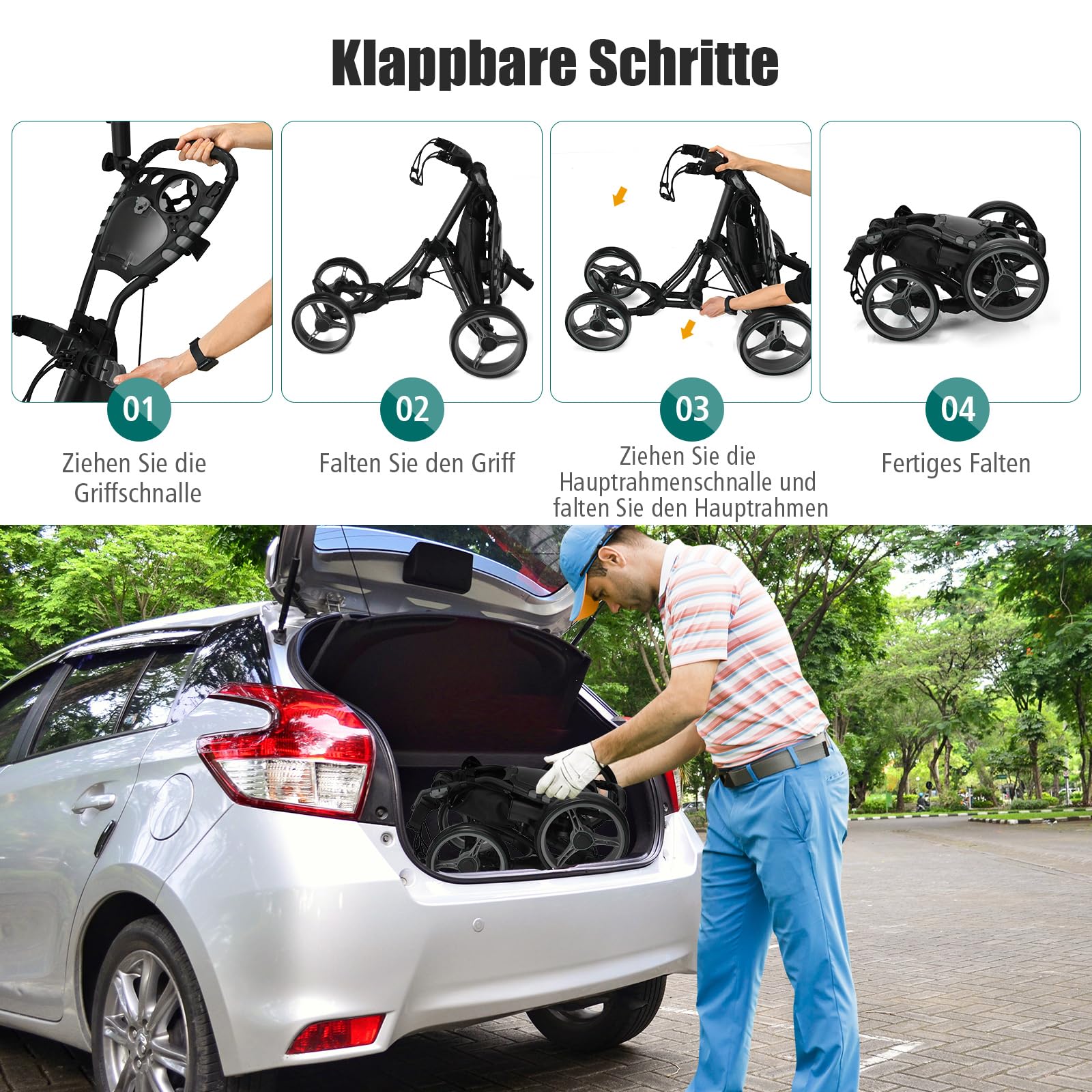 COSTWAY Golf Trolley, 4 Rad Golftrolley, Golfwagen klappbar, Golfcaddy aus Aluminum, Golfcaddy mit Schirmhalter, T-Stückhalterung und Aufbewahrungstasche (Grau)