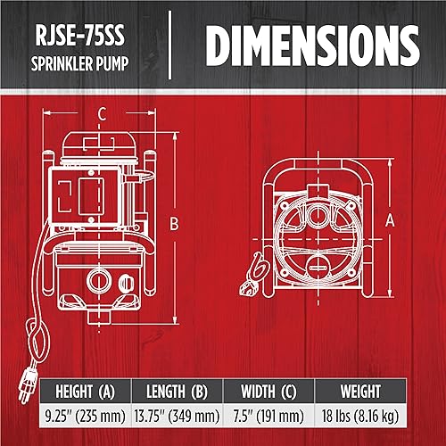 Miniatura 2 de Red Lion RJSE-75SS 614432 - Bomba de riego de acero inoxidable de 115 voltios, 3/4 HP, 11 GPM con cable de 8 pies, color rojo