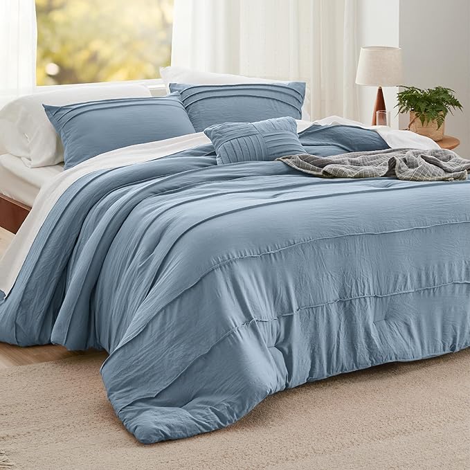 Bedsure California King Comforter Set - 4 Pieces Pinch Pleat Bed Set, Light Blue Boho Bedding for All Season, 1 Soft Comforter, 2 Pillowcases, 1 Decorative Pillow