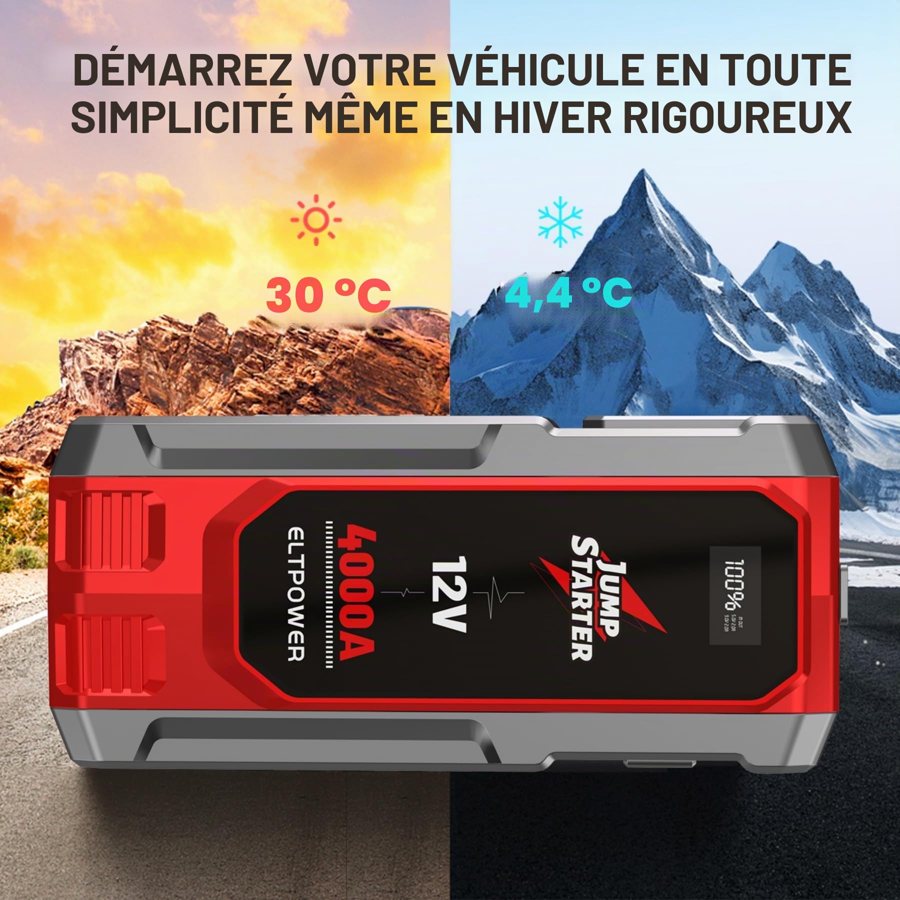 ELTPOWER Booster Batterie Voiture 4000A Démarreur Batterie Voiture Portable 12V Démarreur Voitures Chargeur Batterie Voitures Jump Starter avec Lumière LED Chargeur USB Eclairage de Secours