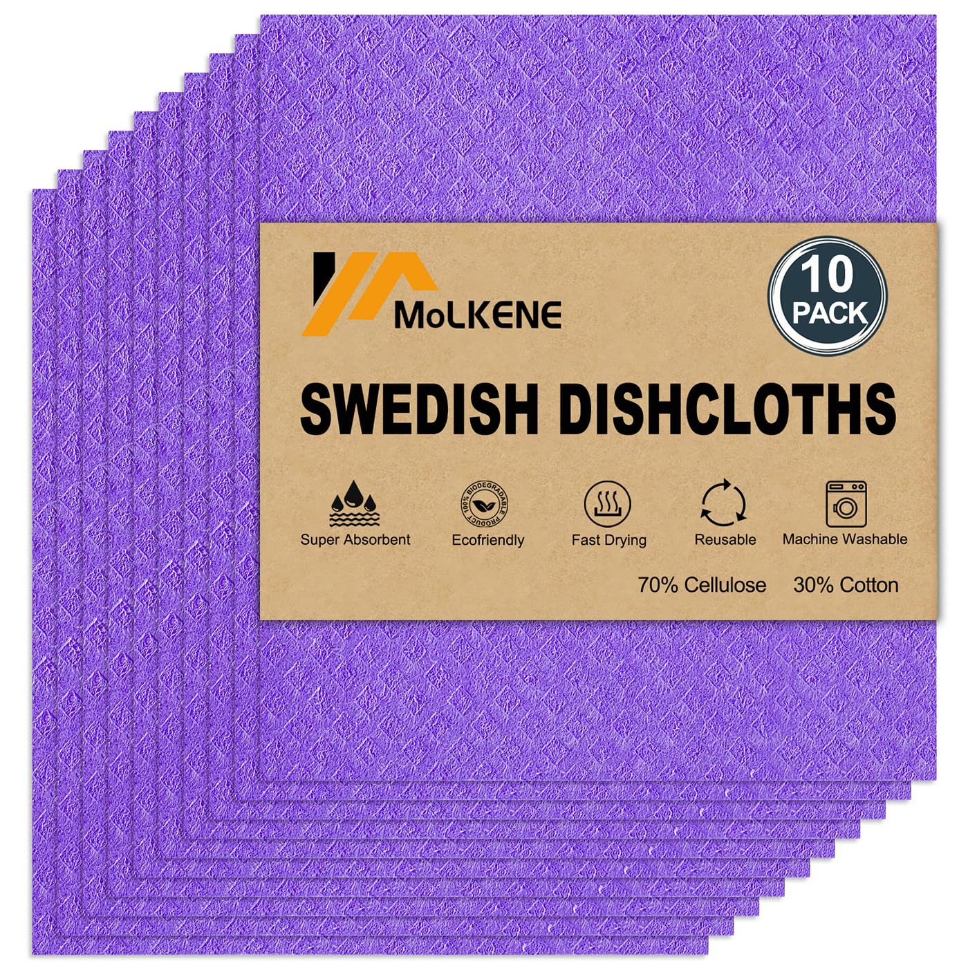 MoLKENE Swedish Dish Cloths - 10 Pack Reusable Kitchen Dishcloths - Ultra Absorbent Dish Towels for Washing Dishes - Cellulose Sponge Cloth Cleaning Cloths - Purple